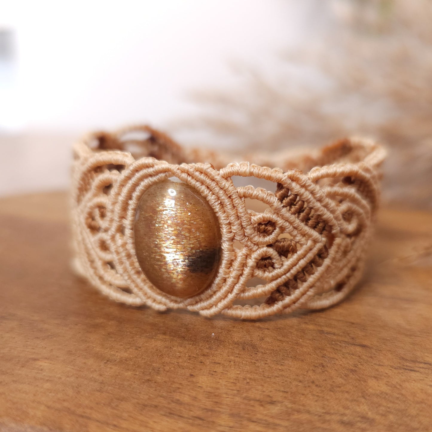 Handmade Peach Moonstone and Sunstone Statement Bracelet