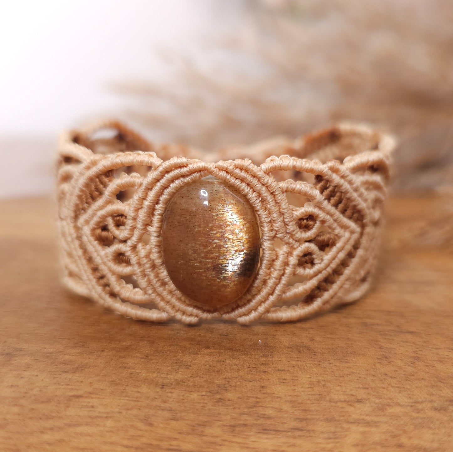 Handmade Peach Moonstone and Sunstone Statement Bracelet