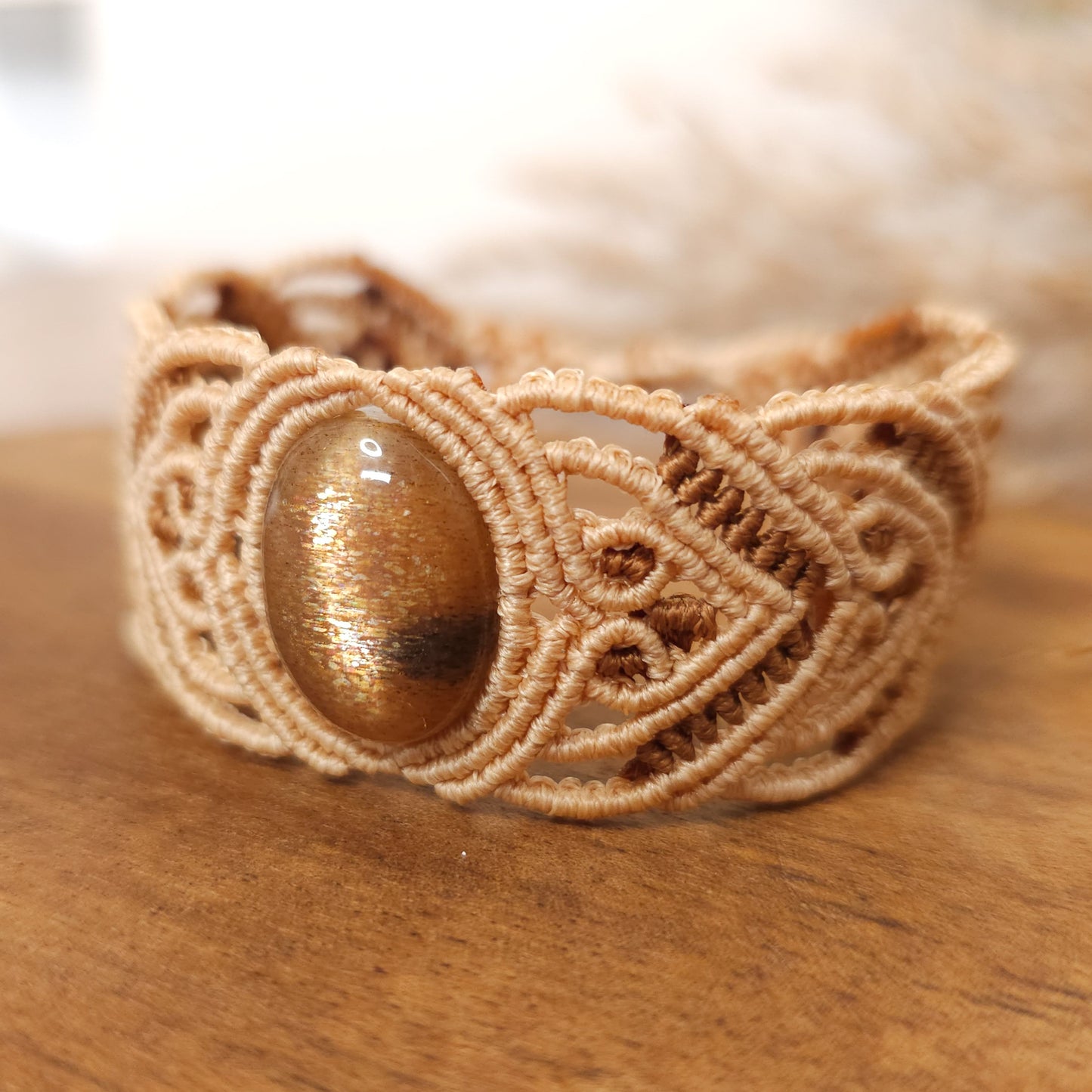 Handmade Peach Moonstone and Sunstone Statement Bracelet