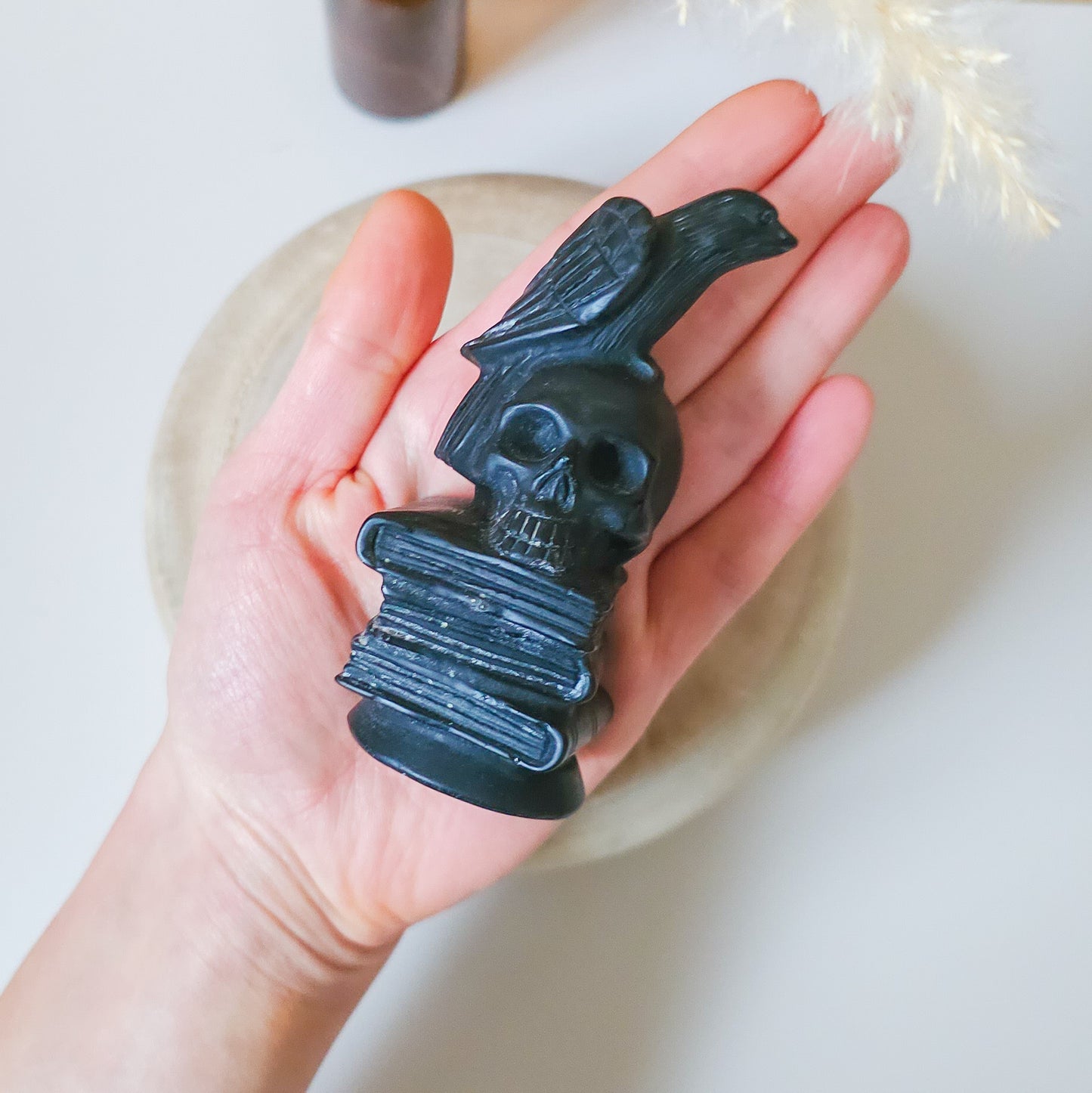 Black Obsidian Raven, Skull and Books Carving
