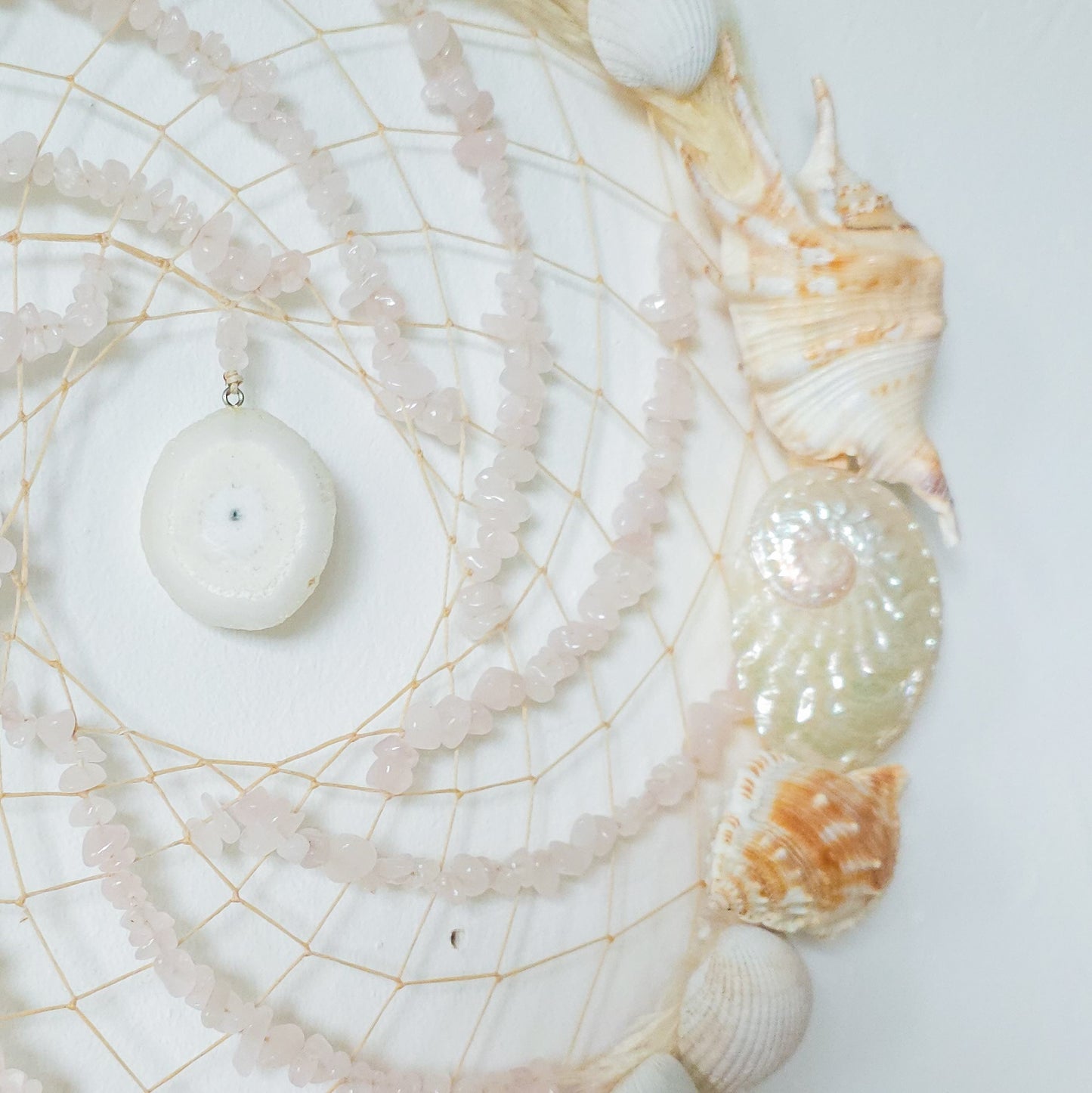 Rose Quartz and Stalactite Quartz Slice Handmade Intention Catcher with natural Shells