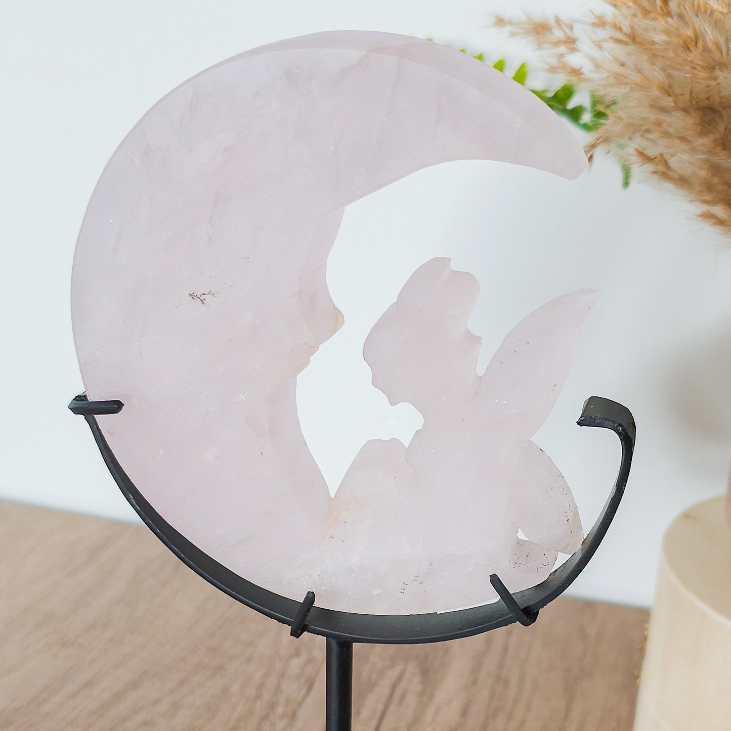 Rose Quartz Fairy on the Moon Carving with stand