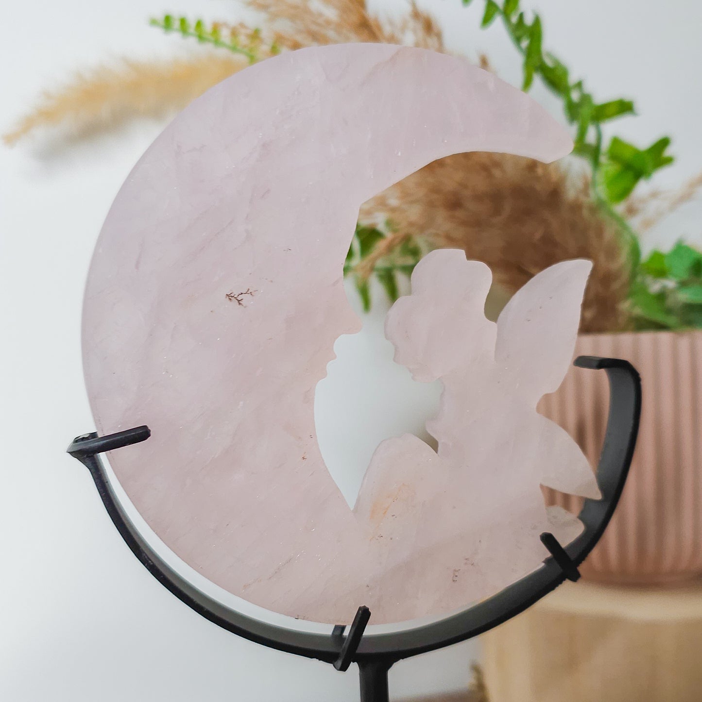 Rose Quartz Fairy on the Moon Carving with stand