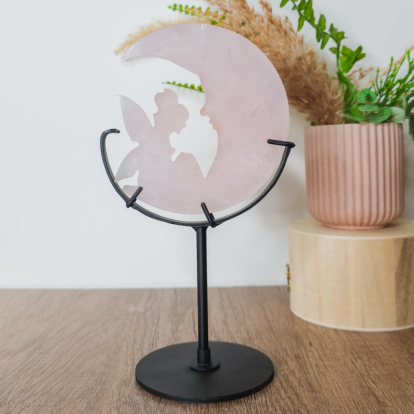 Rose Quartz Fairy on the Moon Carving with stand