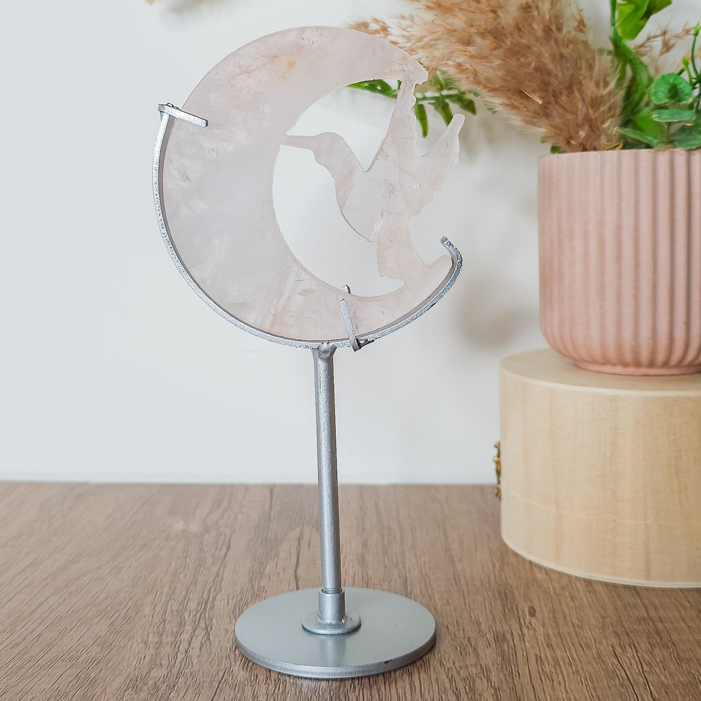 Rose Quartz Hummingbird with the Moon Carving on the stand