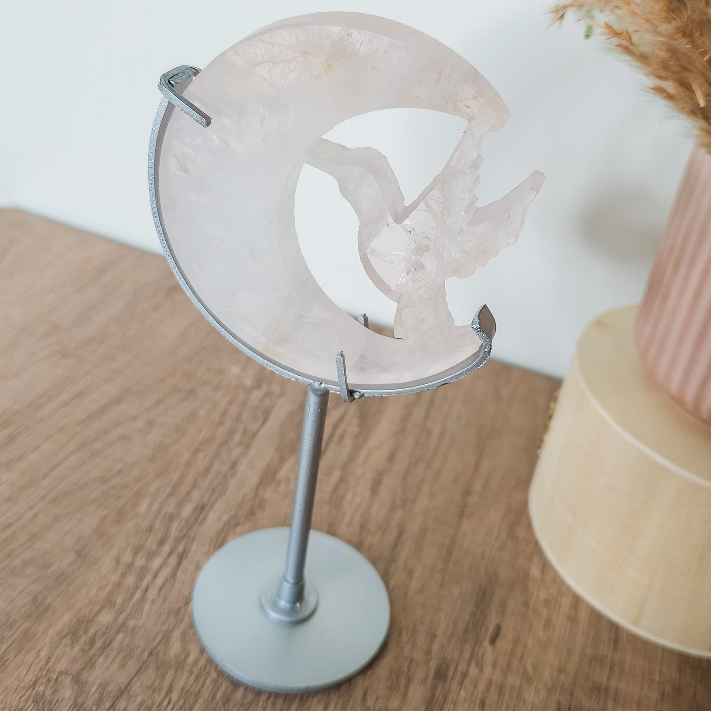 Rose Quartz Hummingbird with the Moon Carving on the stand