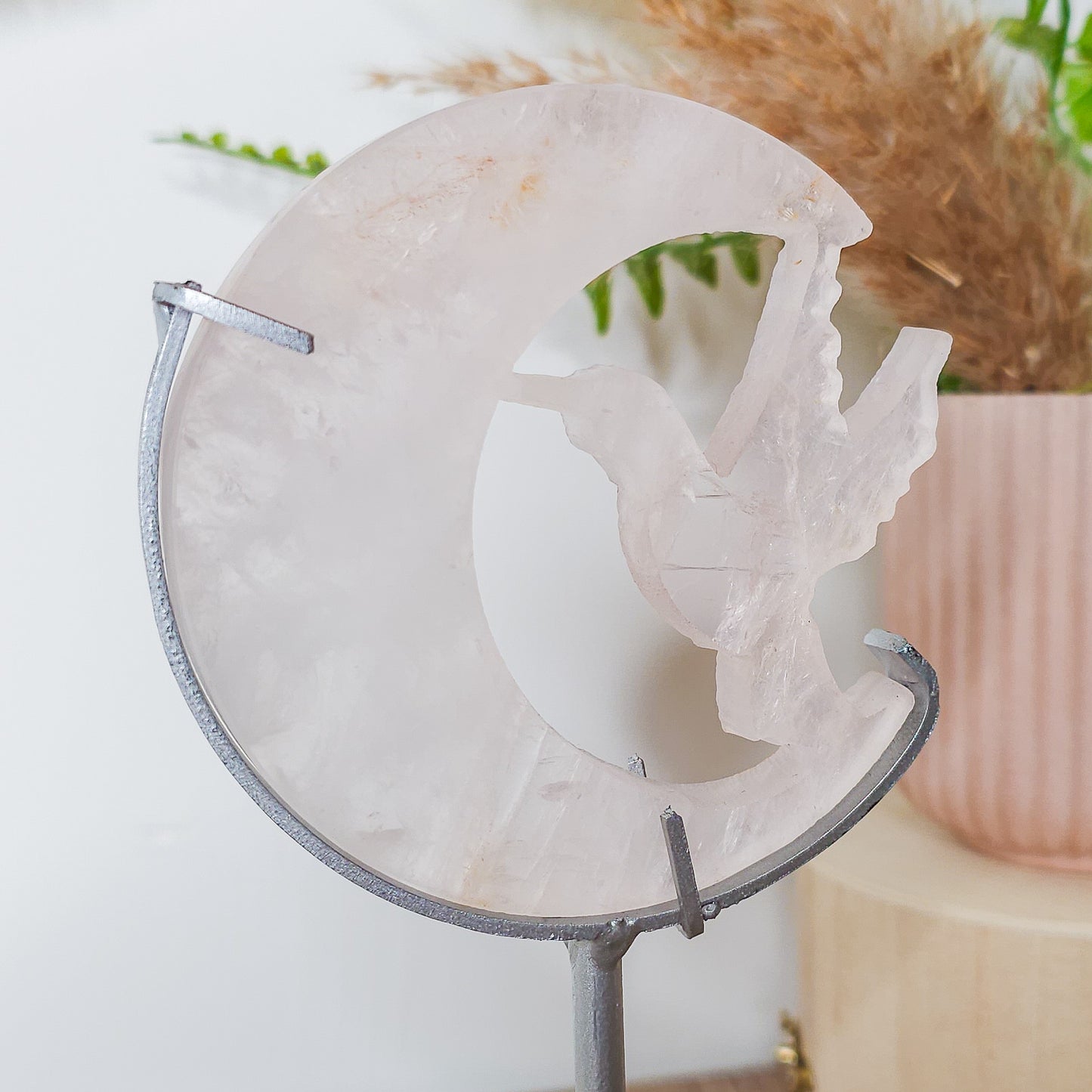 Rose Quartz Hummingbird with the Moon Carving on the stand