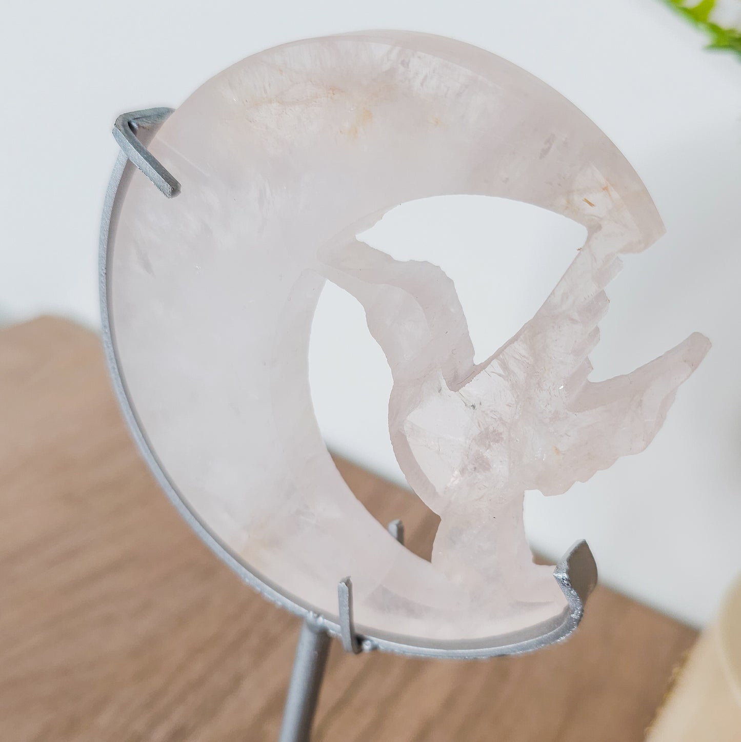 Rose Quartz Hummingbird with the Moon Carving on the stand