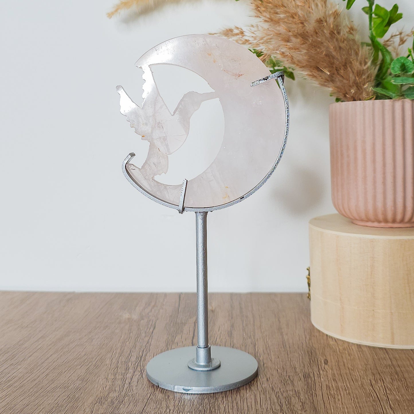 Rose Quartz Hummingbird with the Moon Carving on the stand