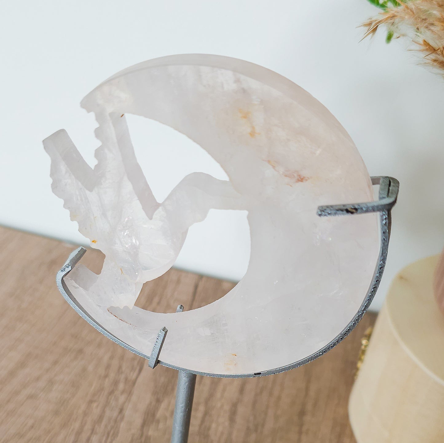 Rose Quartz Hummingbird with the Moon Carving on the stand