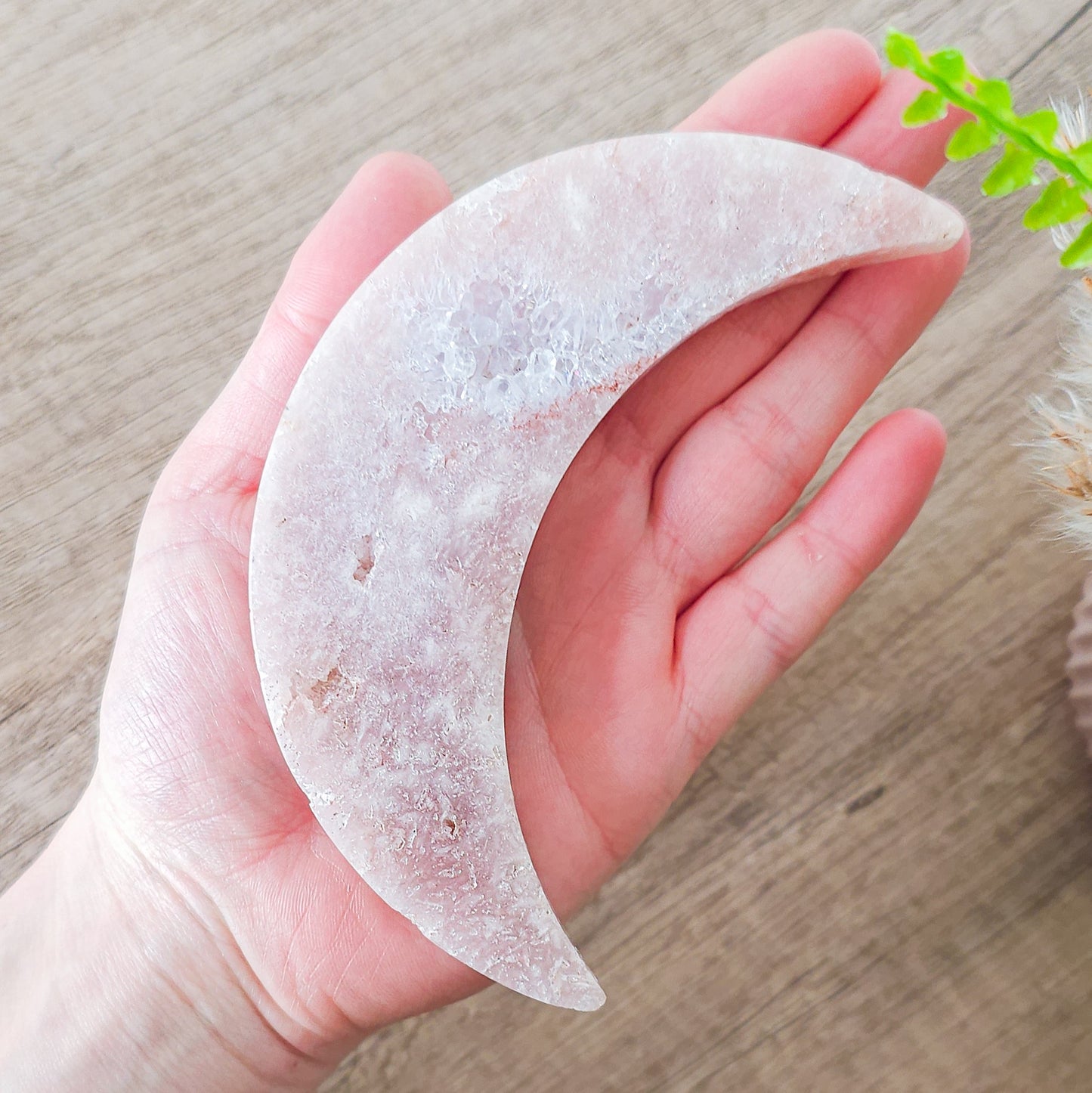 Pink Amethyst Crescent Moon on the stand