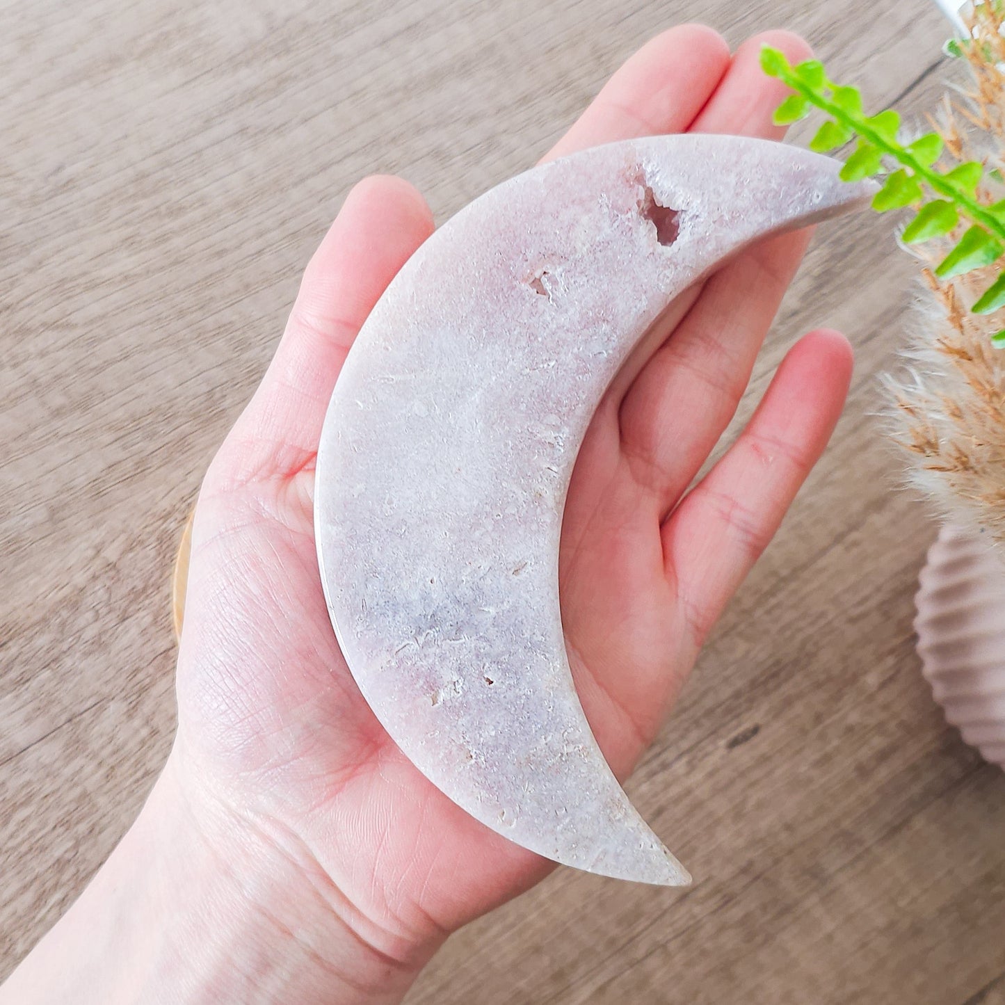 Pink Amethyst Crescent Moon on the stand