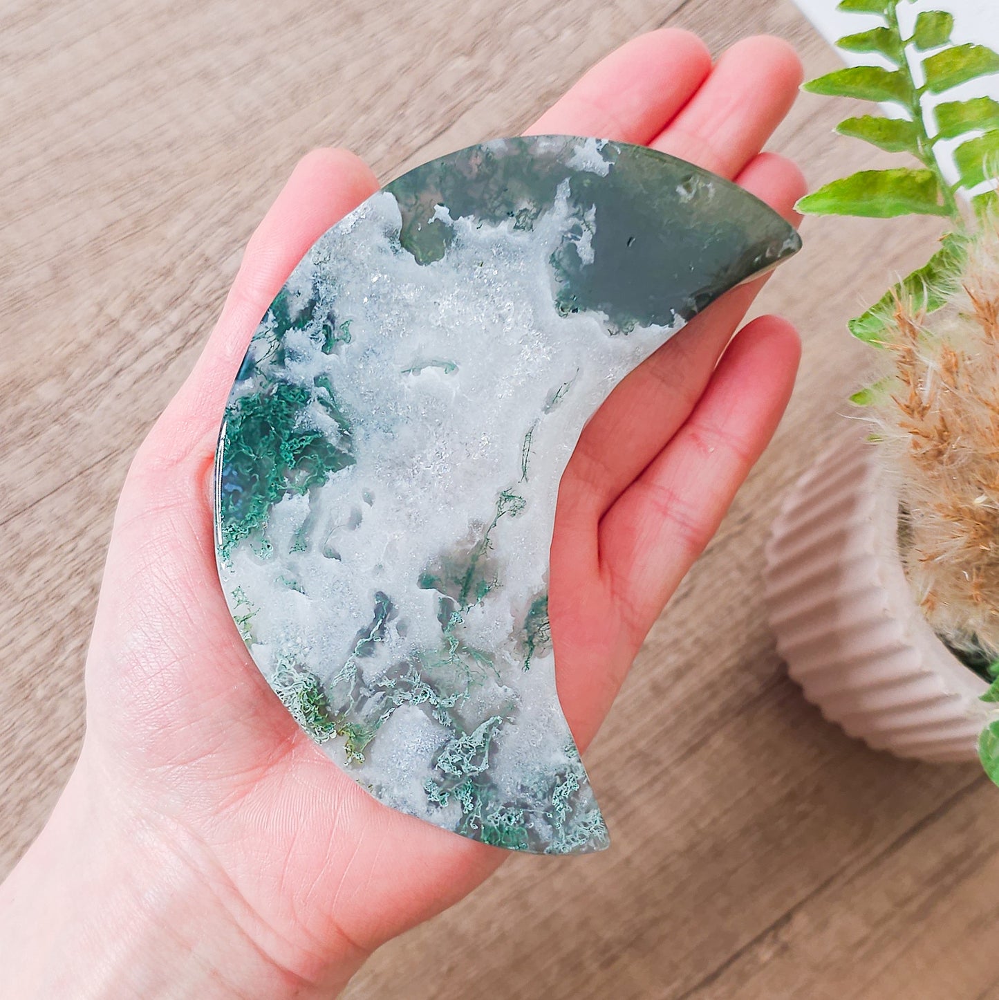 Moss Agate Moon on the stand