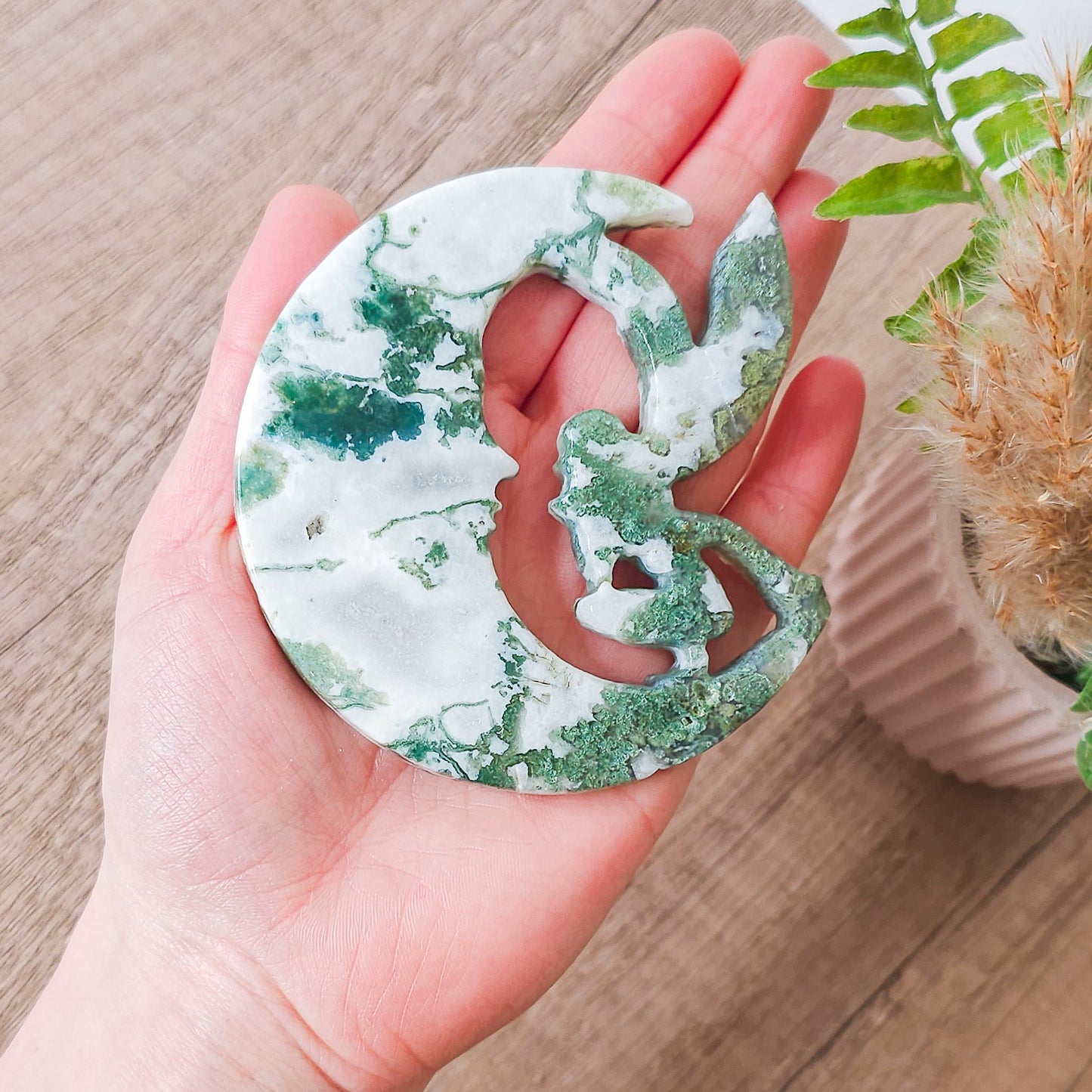 Moss Agate Fairy on the Moon with stand