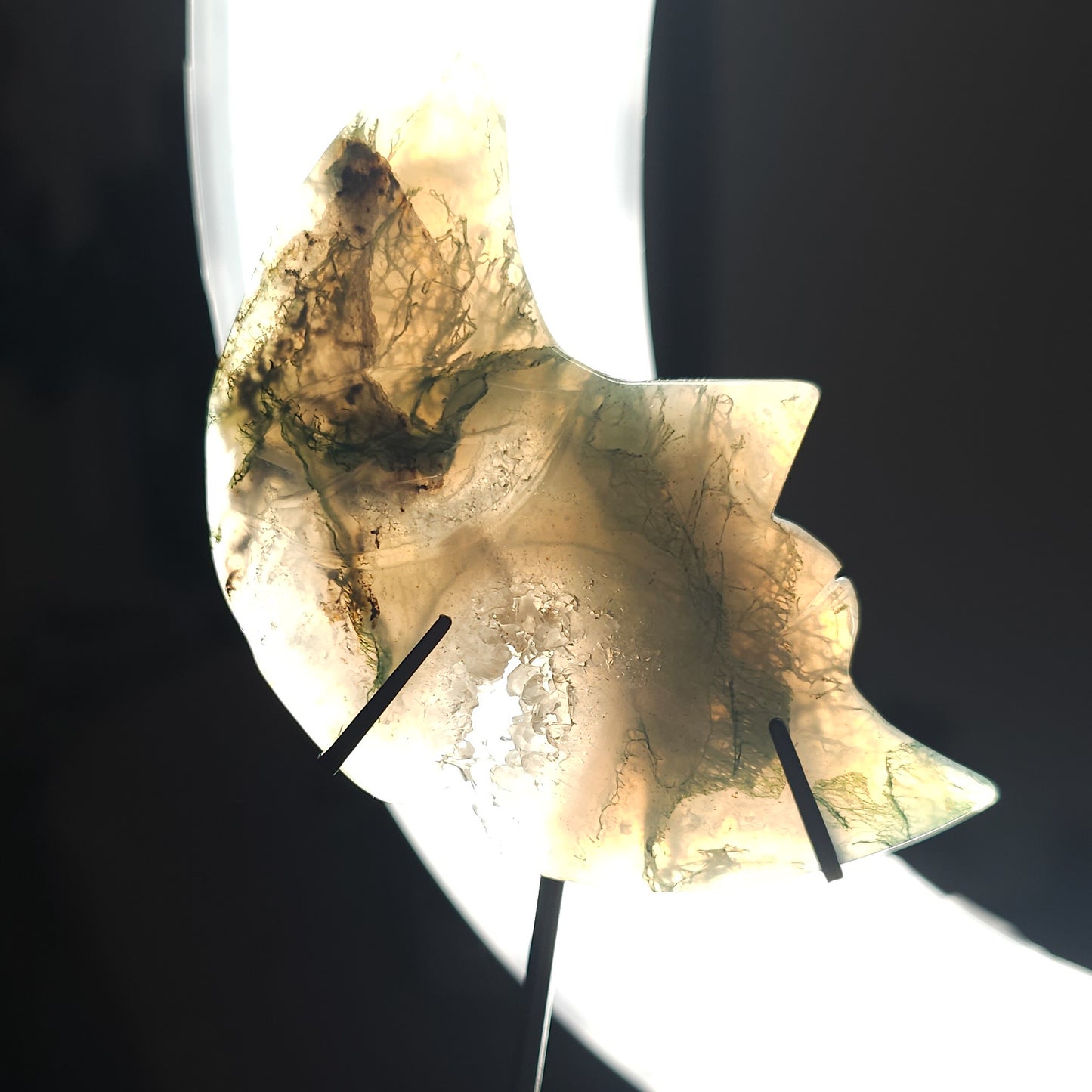 Moss Agate Moon Face on stand