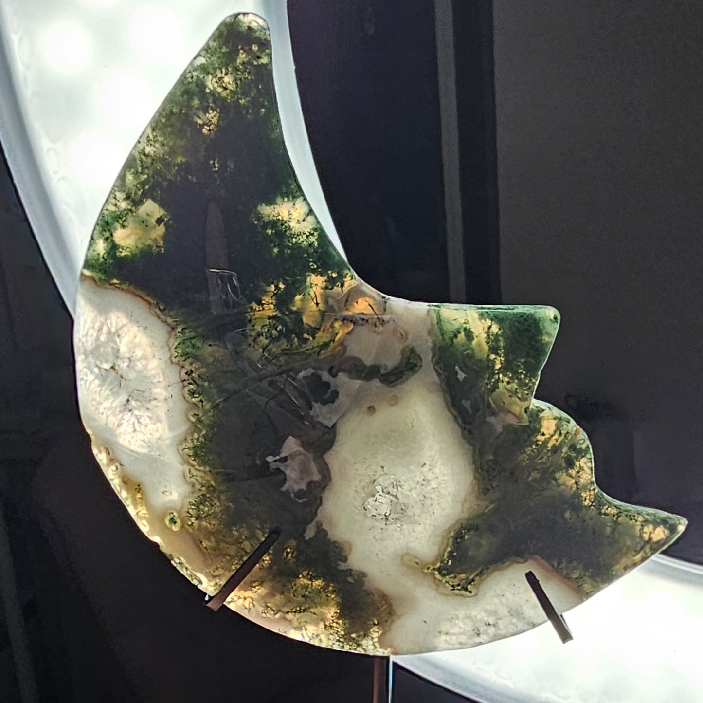Moss Agate Moon Face on the stand