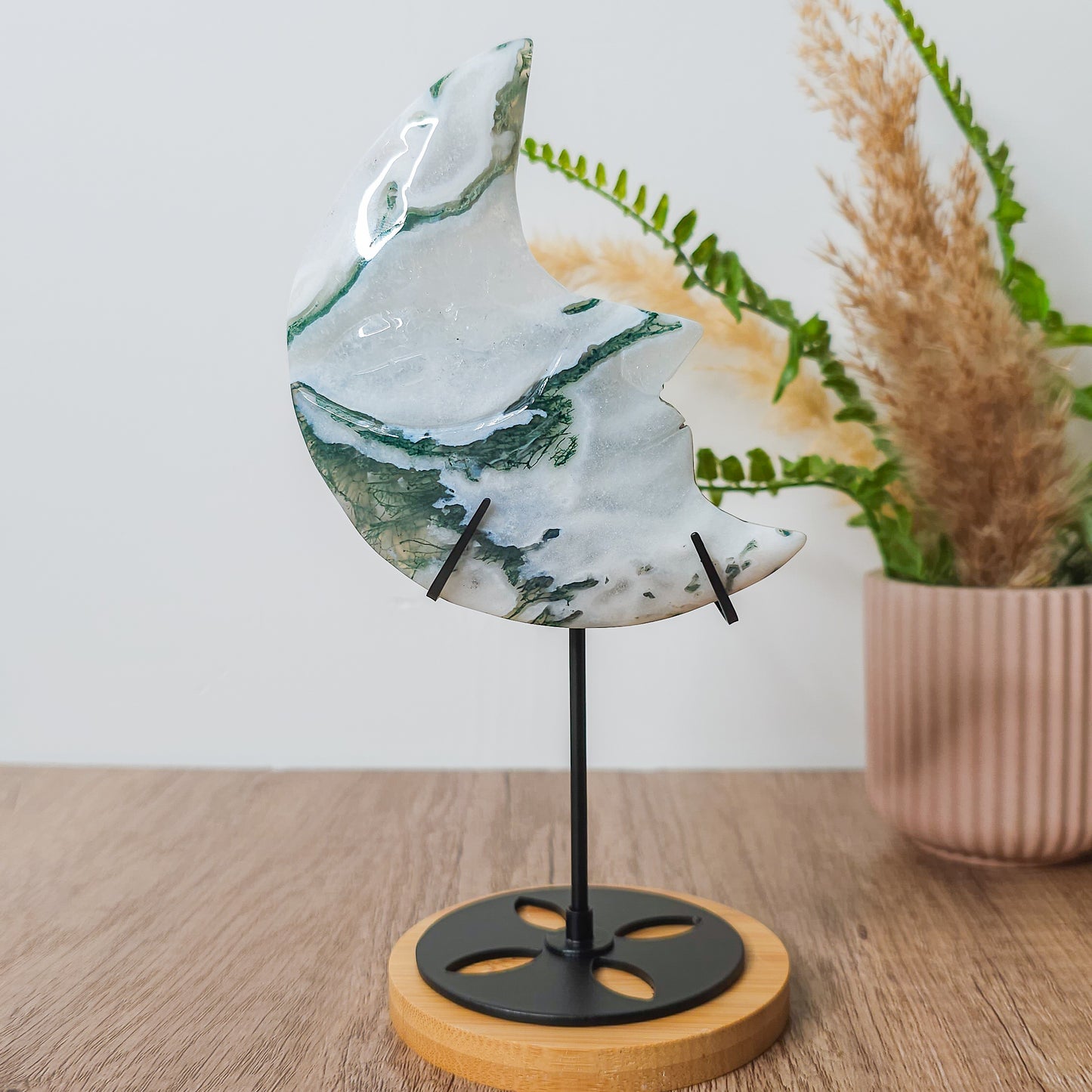 Moss Agate Moon Face on the stand