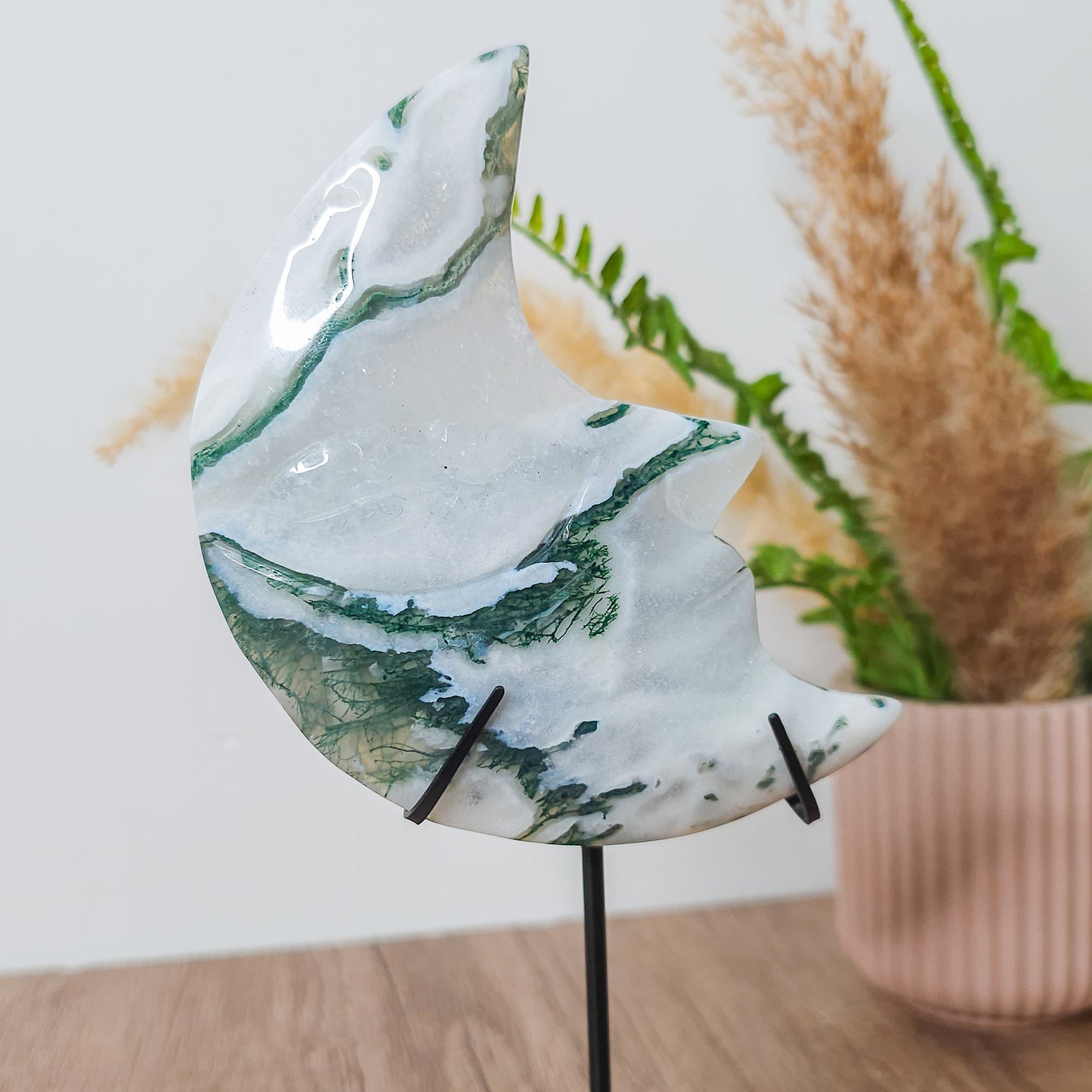Moss Agate Moon Face on the stand