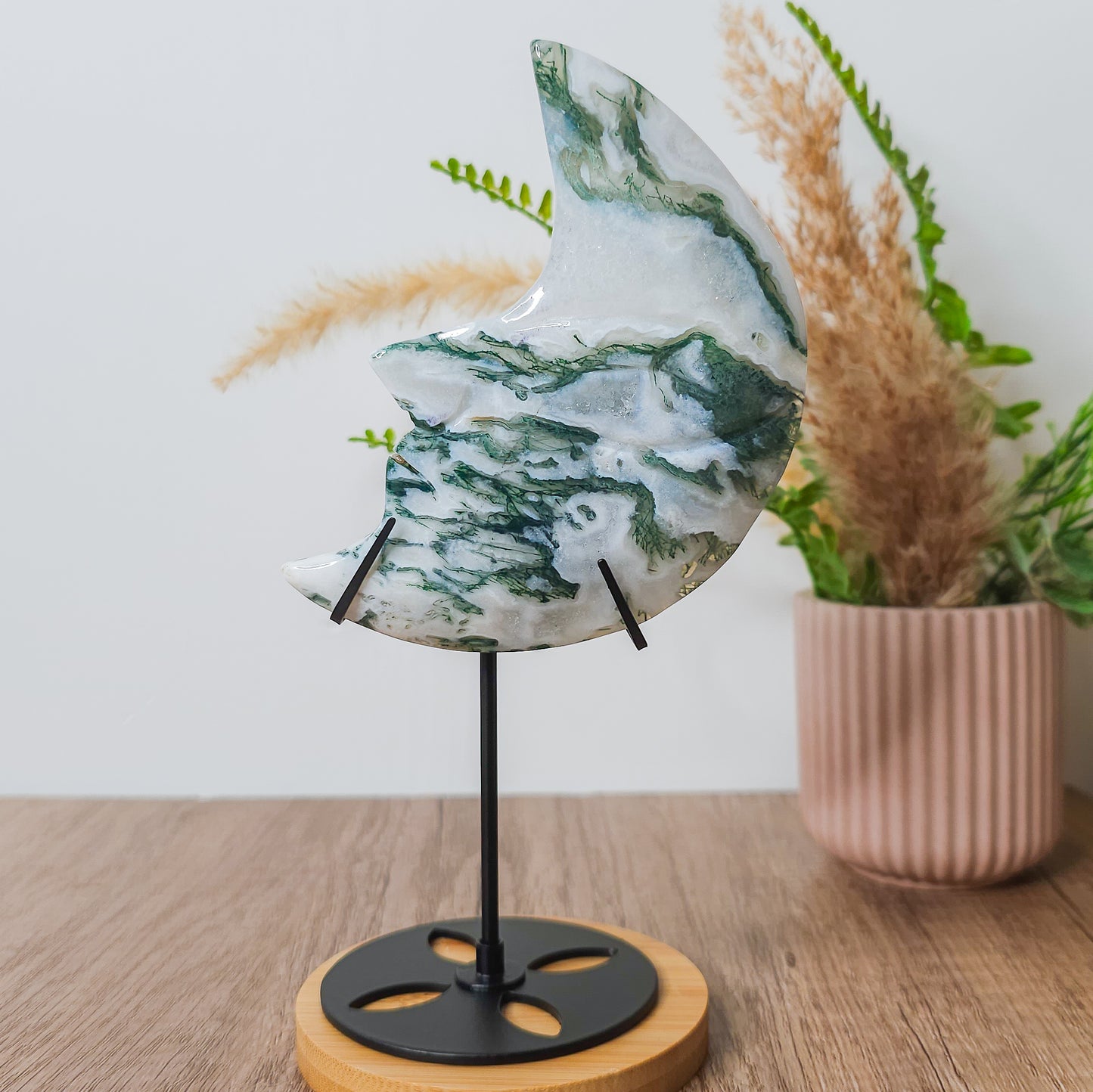Moss Agate Moon Face on the stand