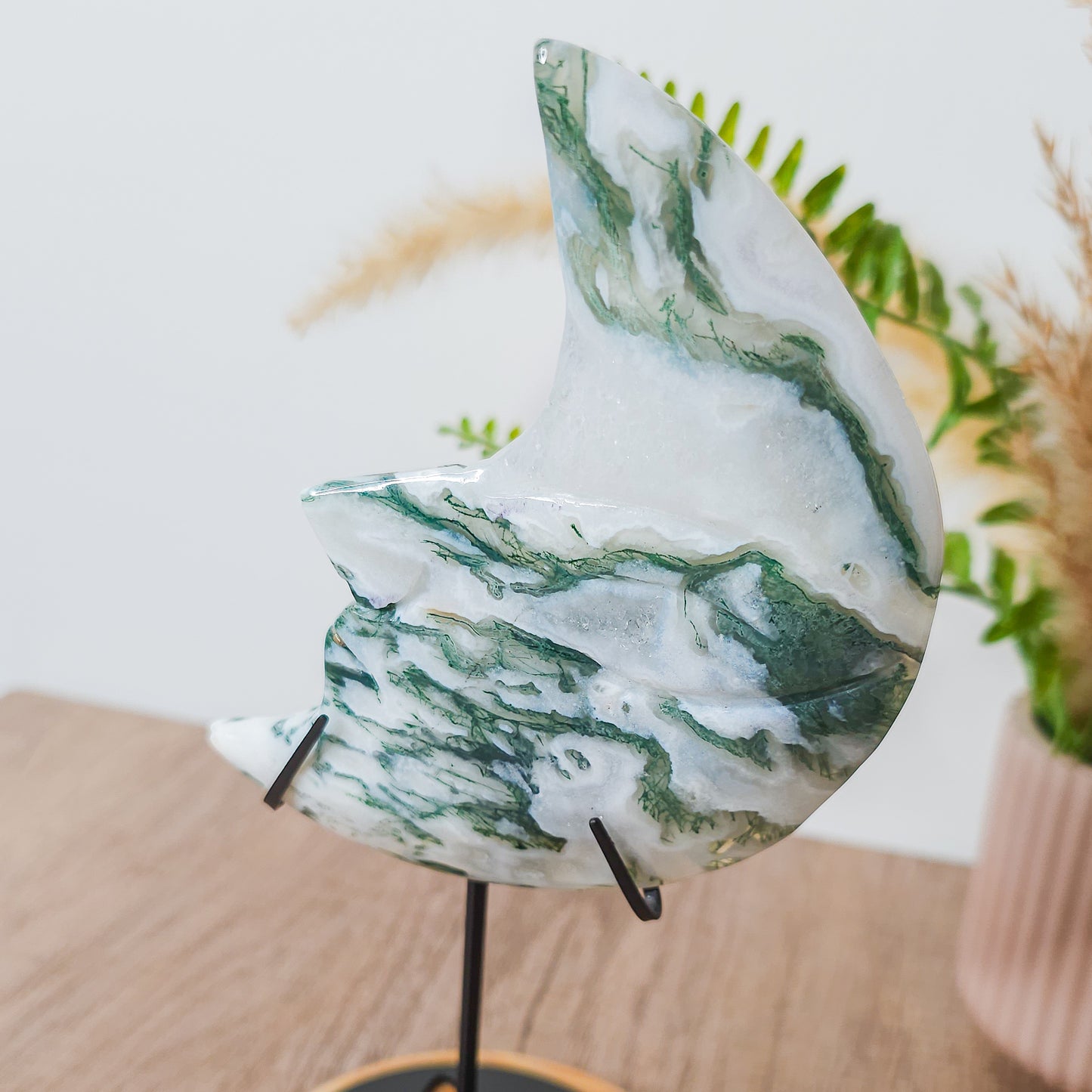Moss Agate Moon Face on the stand
