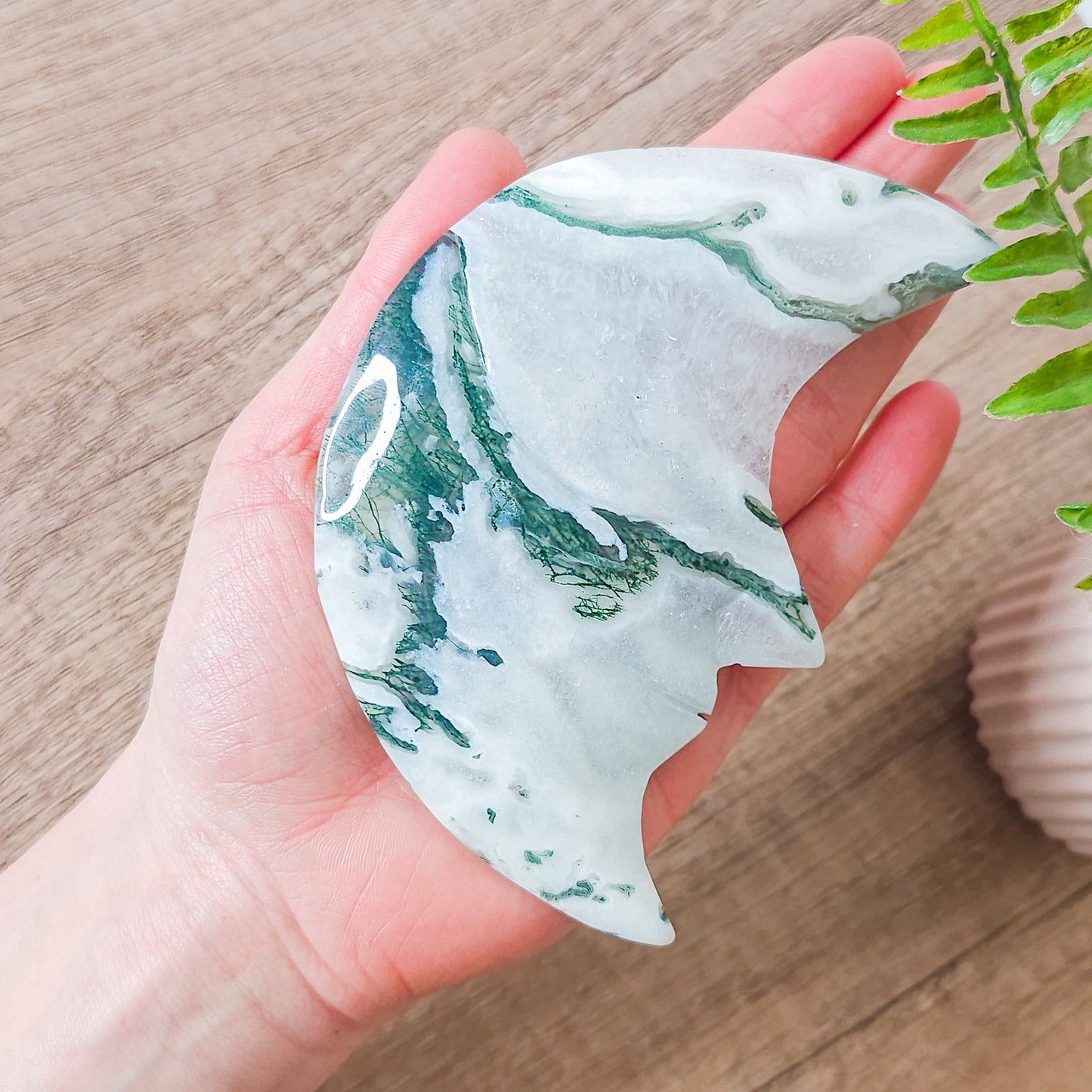Moss Agate Moon Face on the stand
