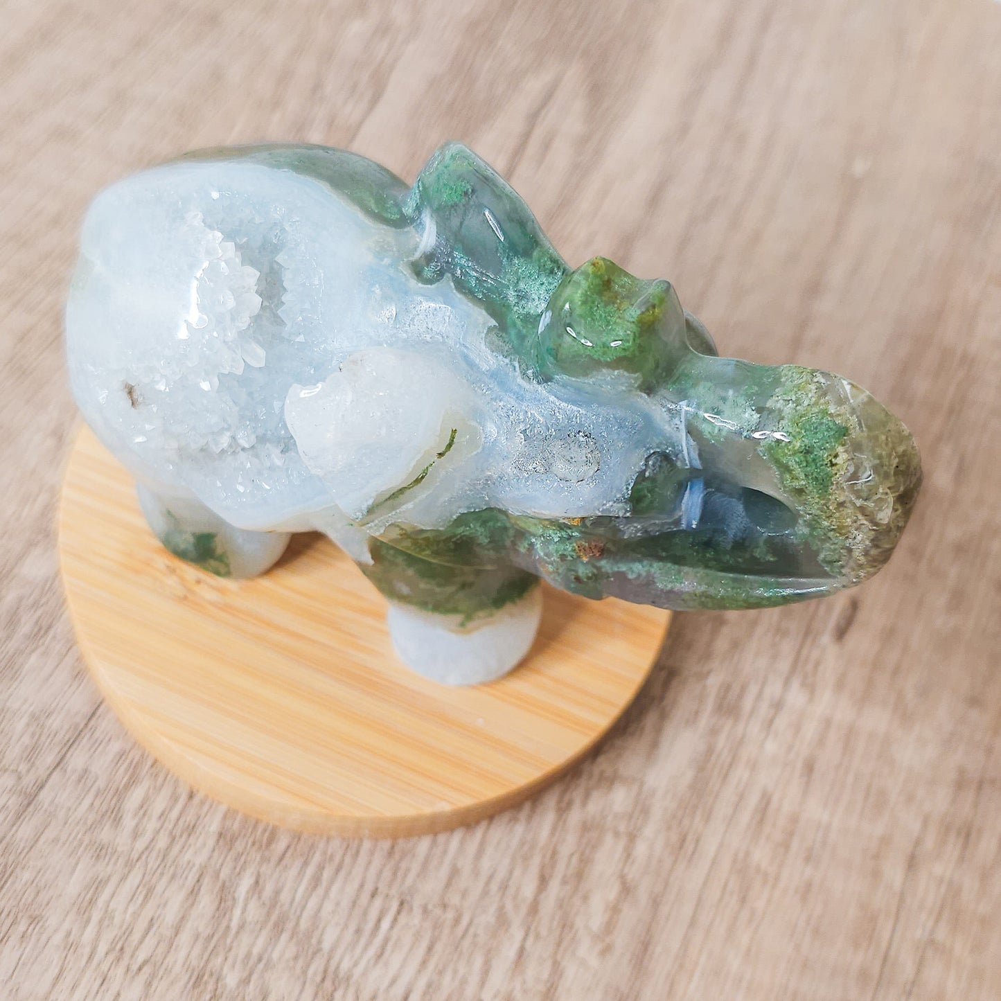 Moss Agate Elephant with Druzy Quartz