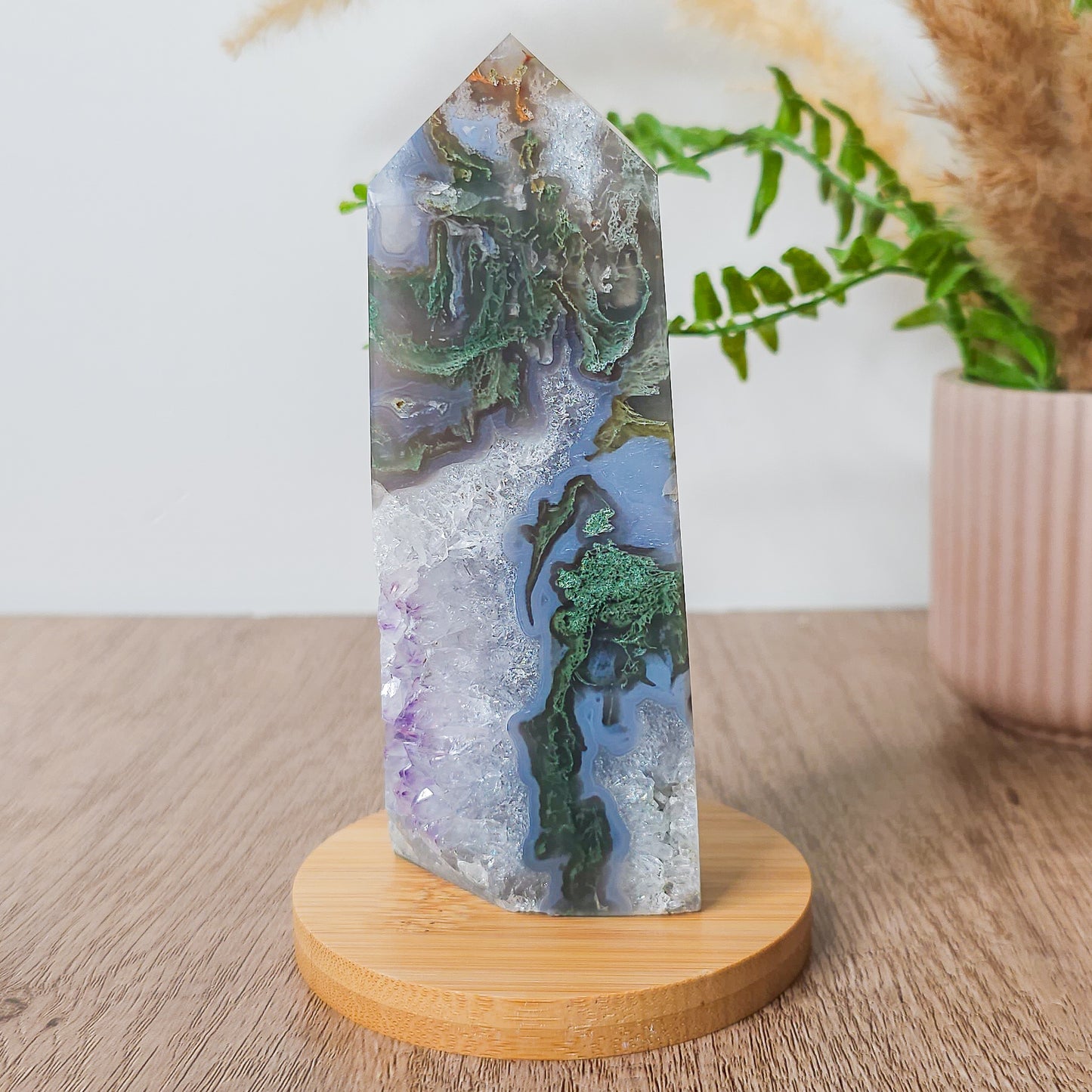 Moss Agate with Amethyst Druzy Tower