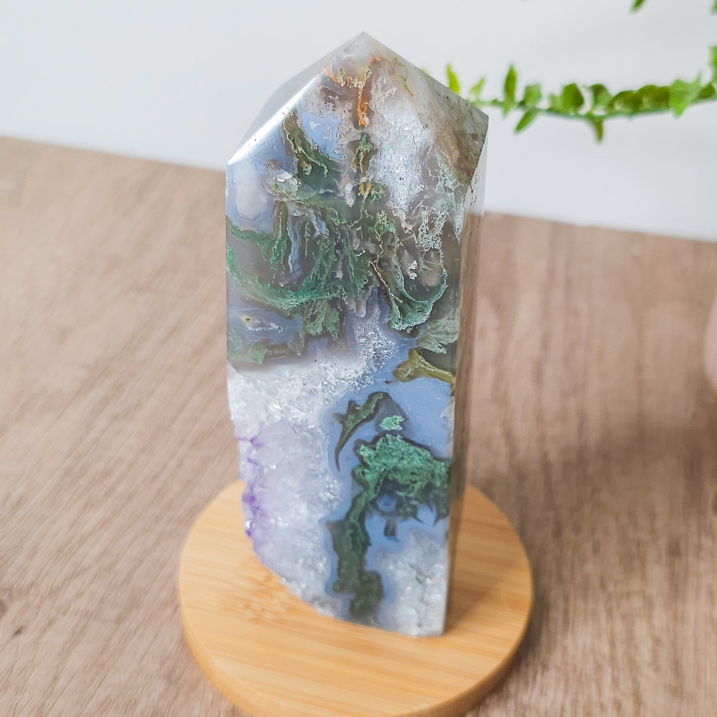 Moss Agate with Amethyst Druzy Tower