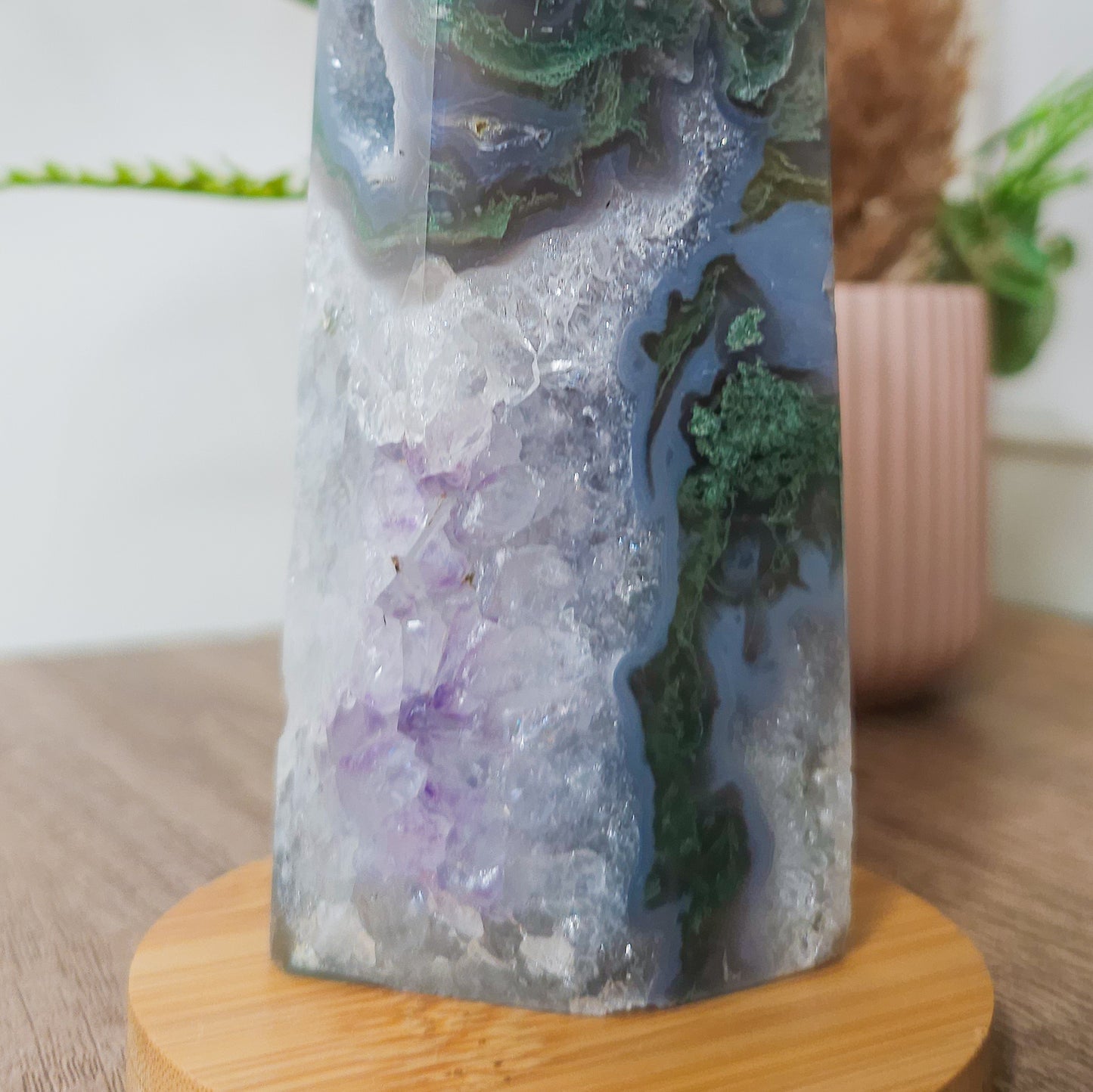 Moss Agate with Amethyst Druzy Tower