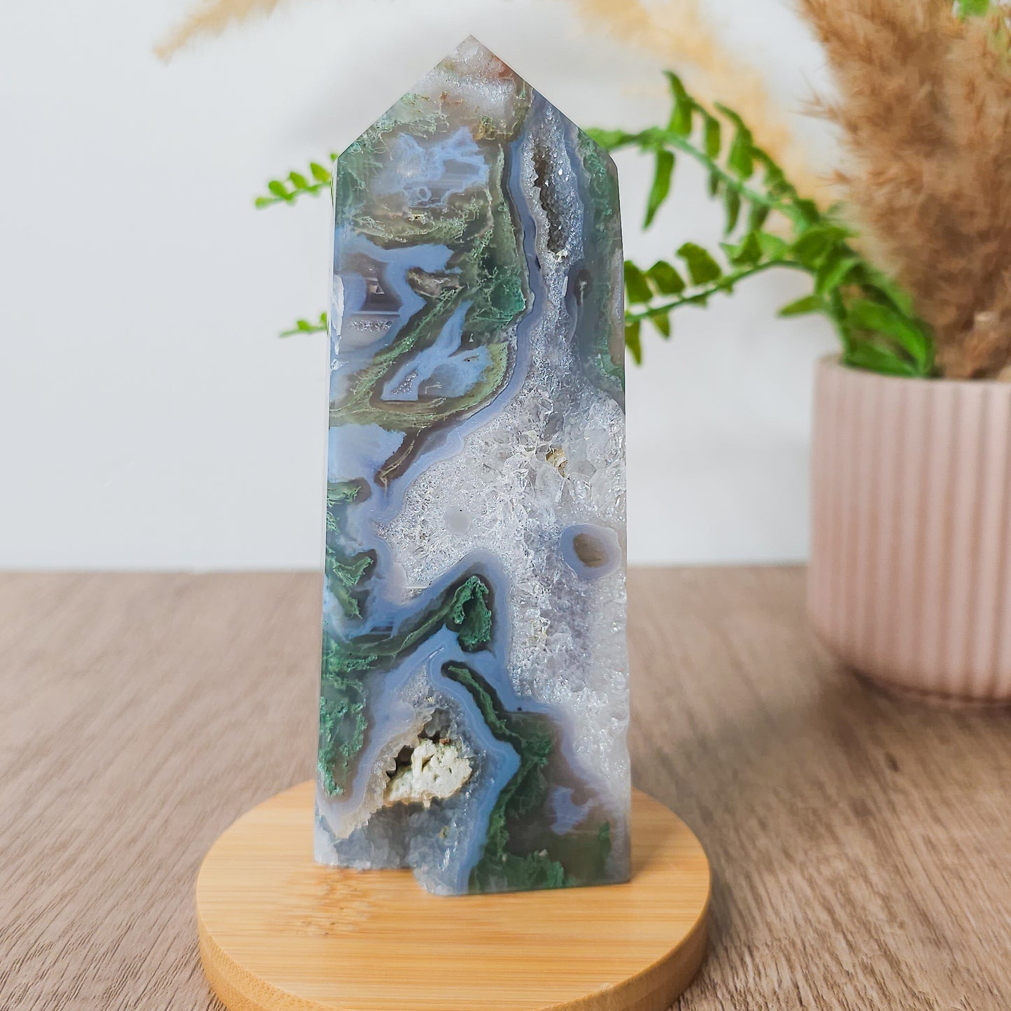 Moss Agate with Amethyst Druzy Tower