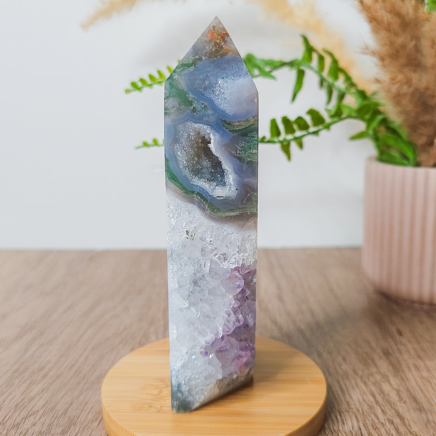 Moss Agate with Amethyst Druzy Tower