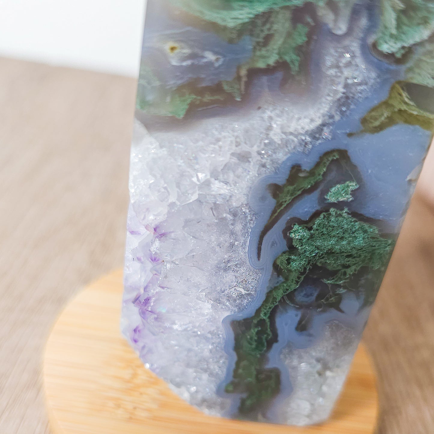 Moss Agate with Amethyst Druzy Tower