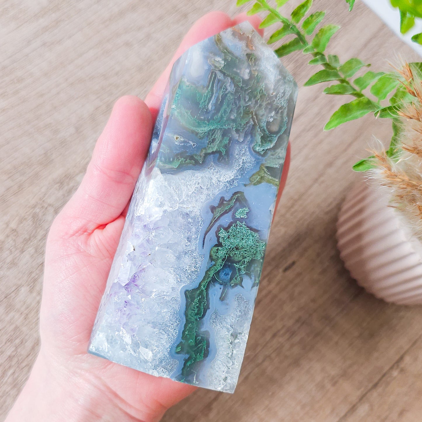 Moss Agate with Amethyst Druzy Tower