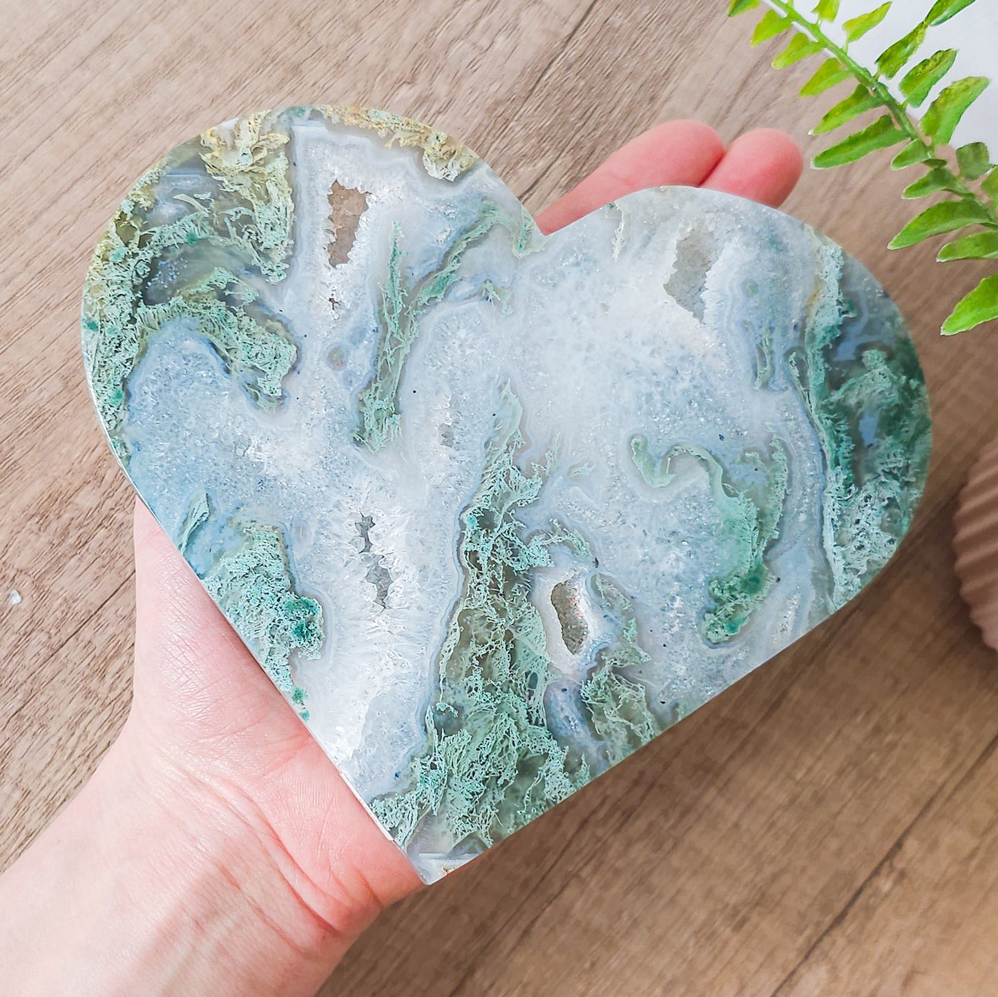 Big, Statement Moss Agate Heart on the stand (617g)