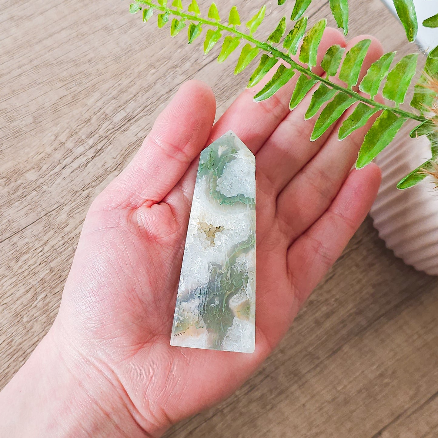 Moss Agate with Druzy Quartz Tower
