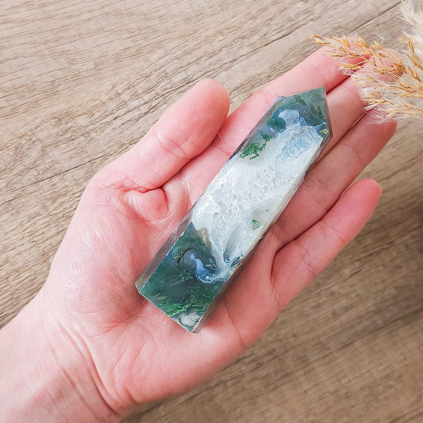 Moss Agate Tower with Druzy Quartz