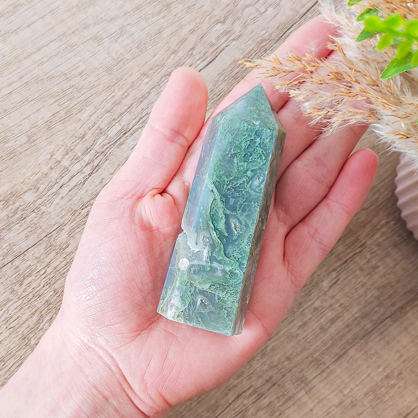 Moss Agate with Druzy Quartz Tower