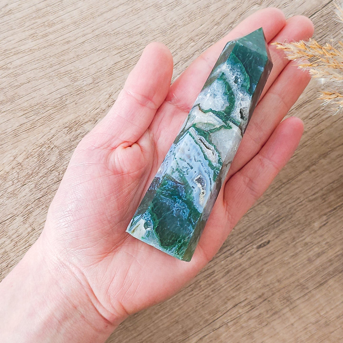 Moss Agate with Druzy Quartz Tower