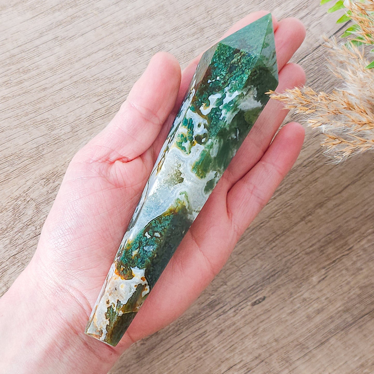 Moss Agate Wand With Stand