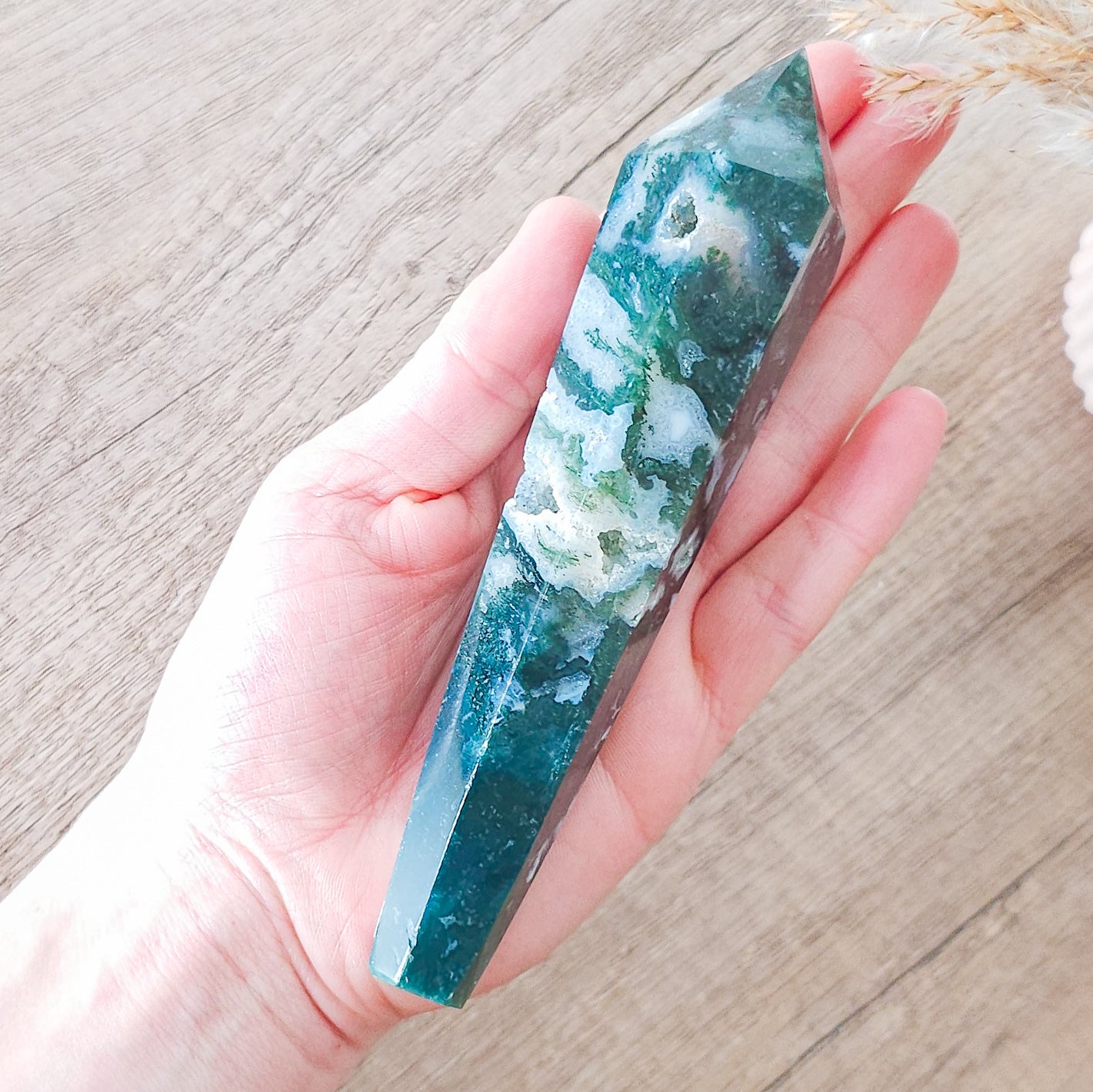 Moss Agate Wand With Stand