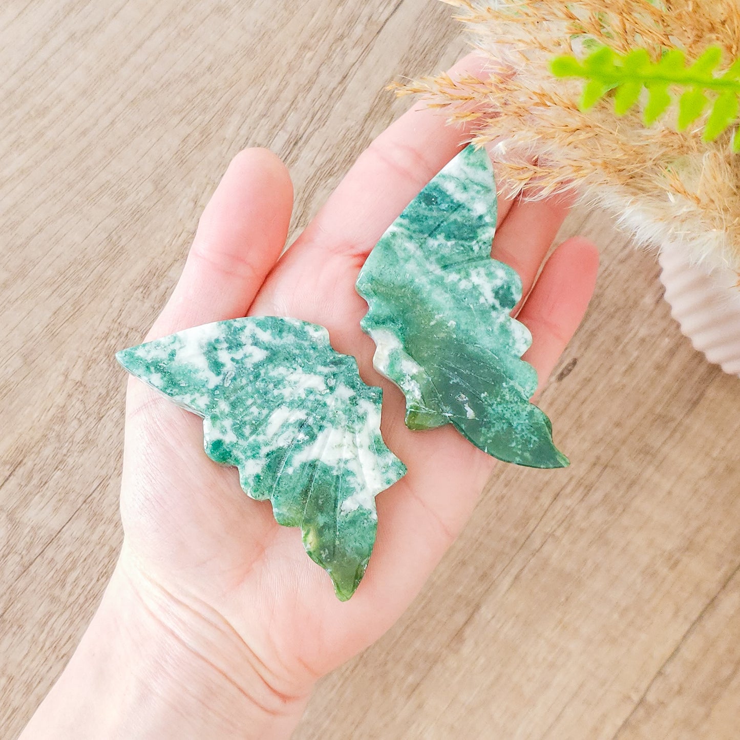 Moss Agate Moon, Star and Butterfly Carvings on the stand