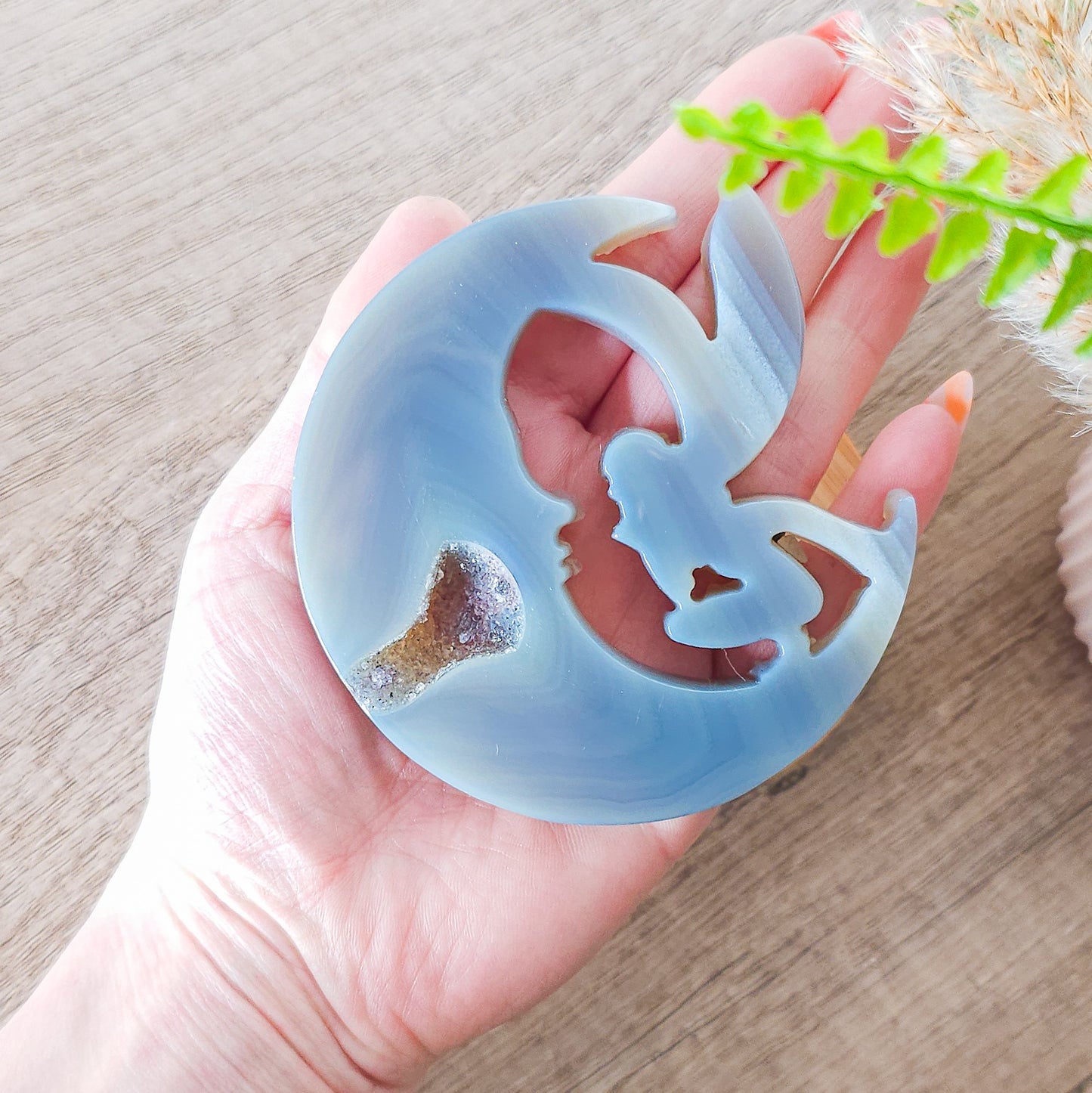 Druzy Agate Fairy on the Moon Carving on the stand