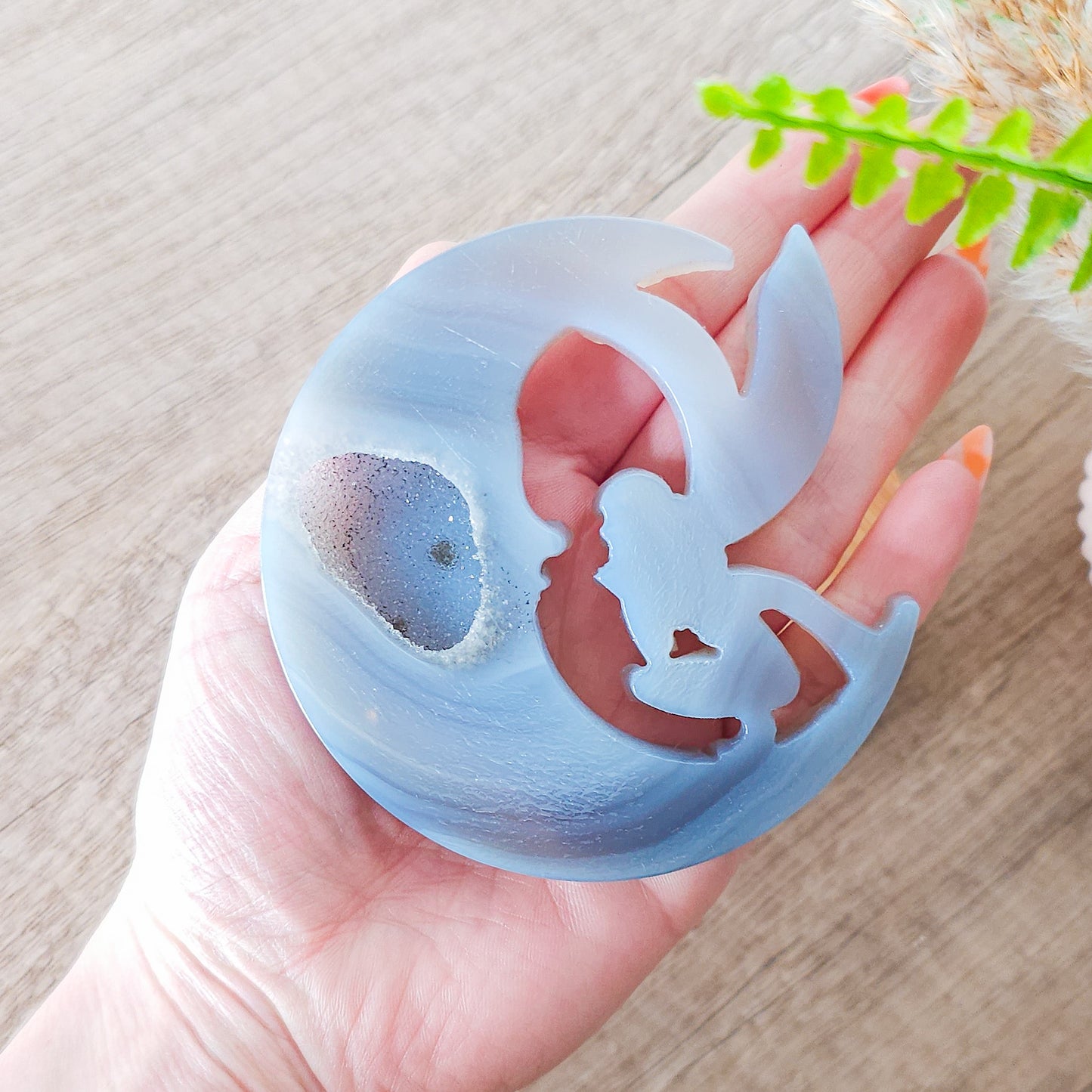 Druzy Agate Fairy on the Moon Carving on the stand