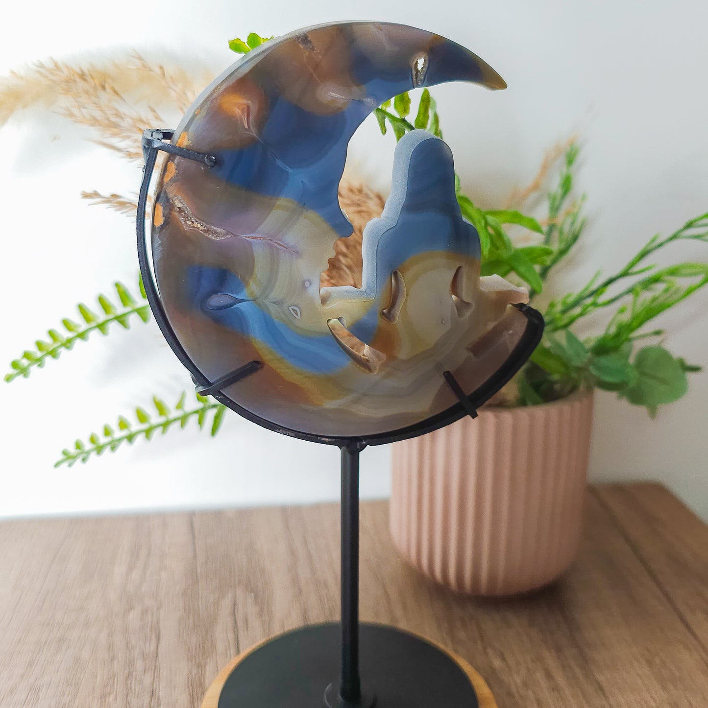 Druzy Agate Meditating Goddess on the Moon Carving on the stand