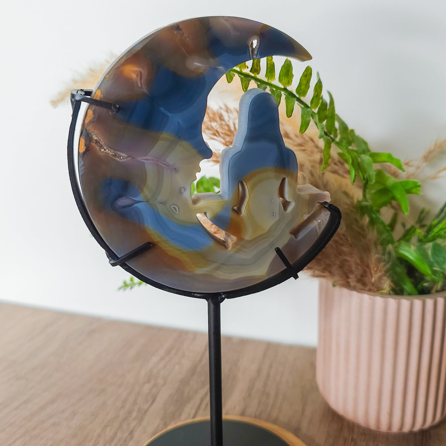 Druzy Agate Meditating Goddess on the Moon Carving on the stand