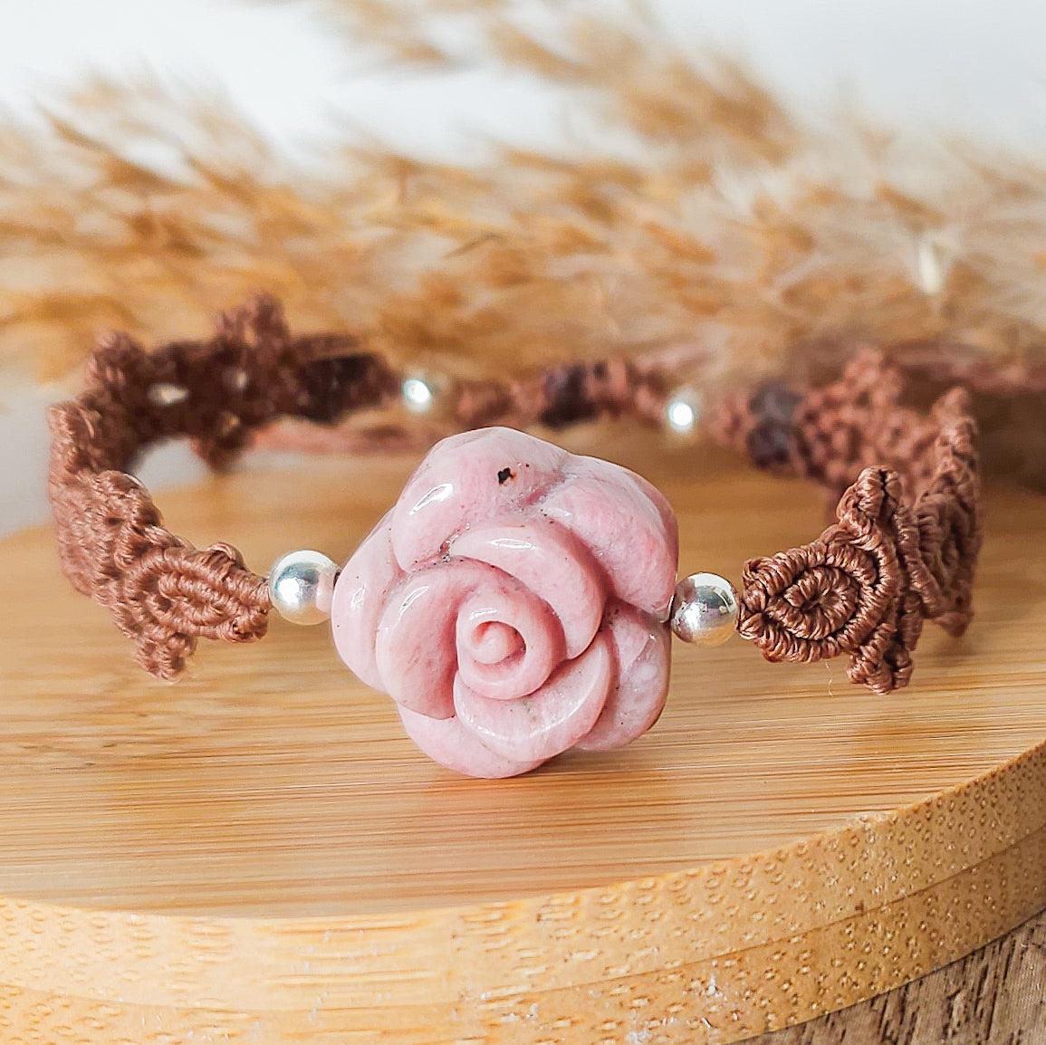 Handmade Bracelet with Pink Petrified Wood Flower and 925 silver beads