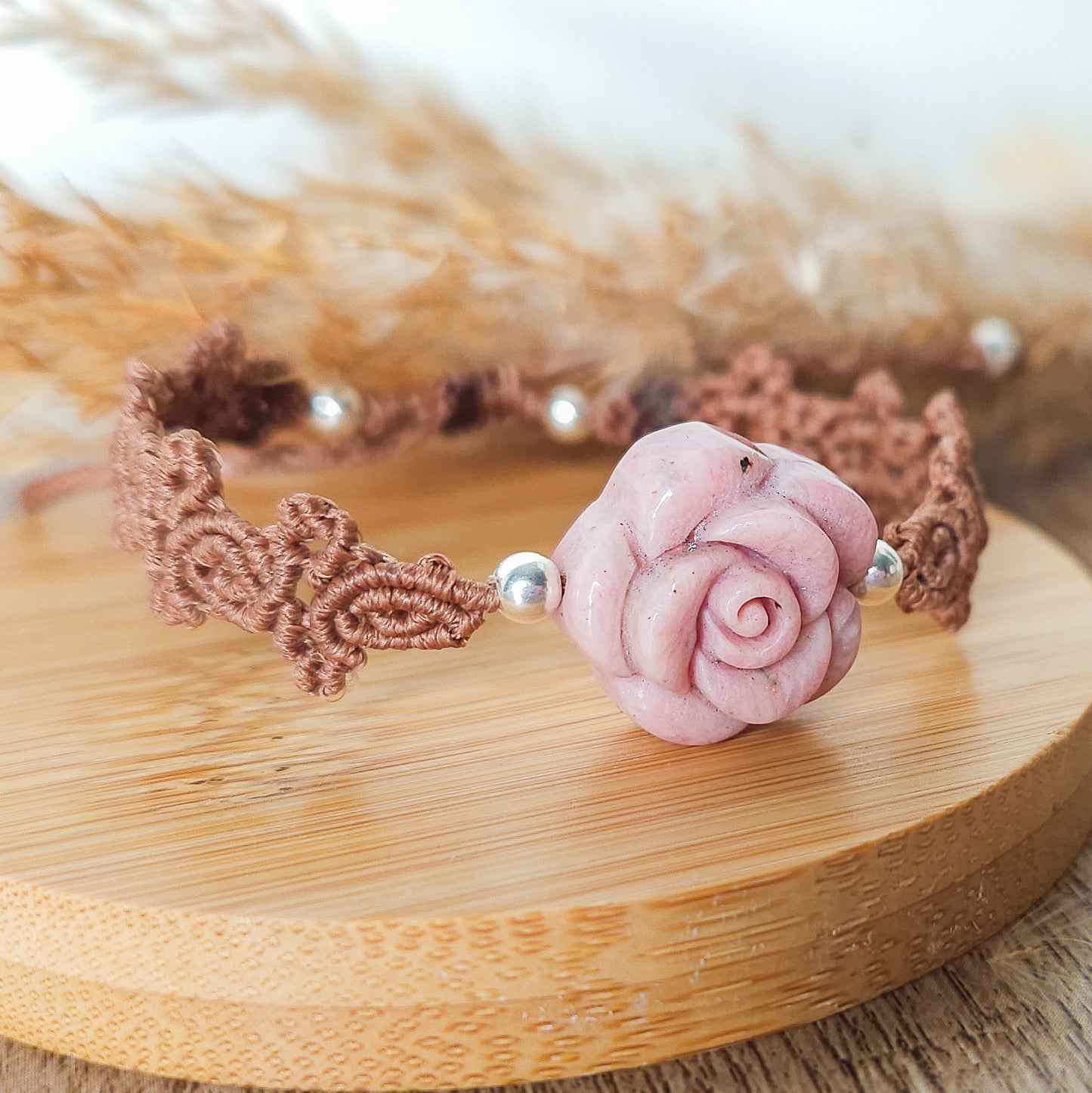 Handmade Bracelet with Pink Petrified Wood Flower and 925 silver beads
