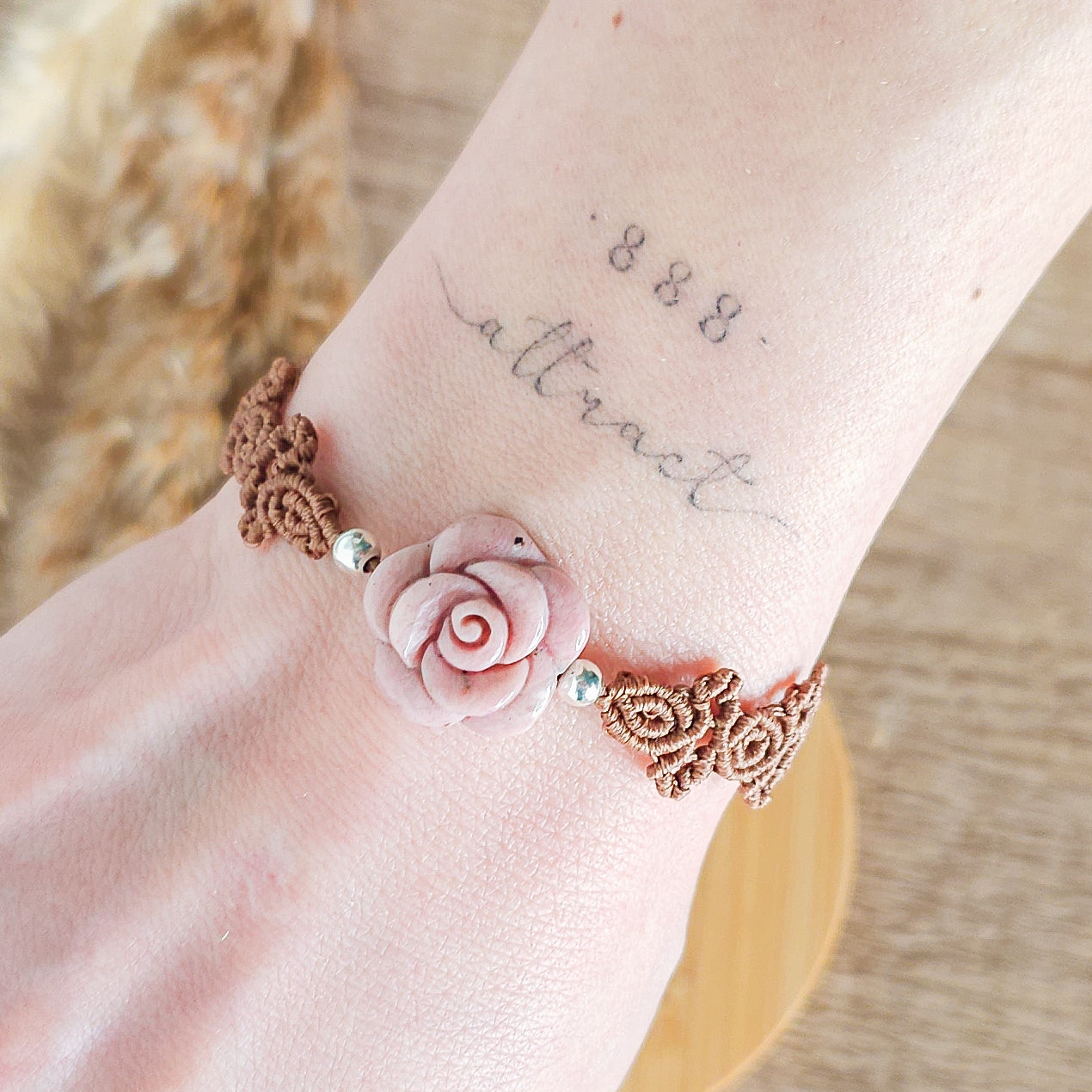 Handmade Bracelet with Pink Petrified Wood Flower and 925 silver beads