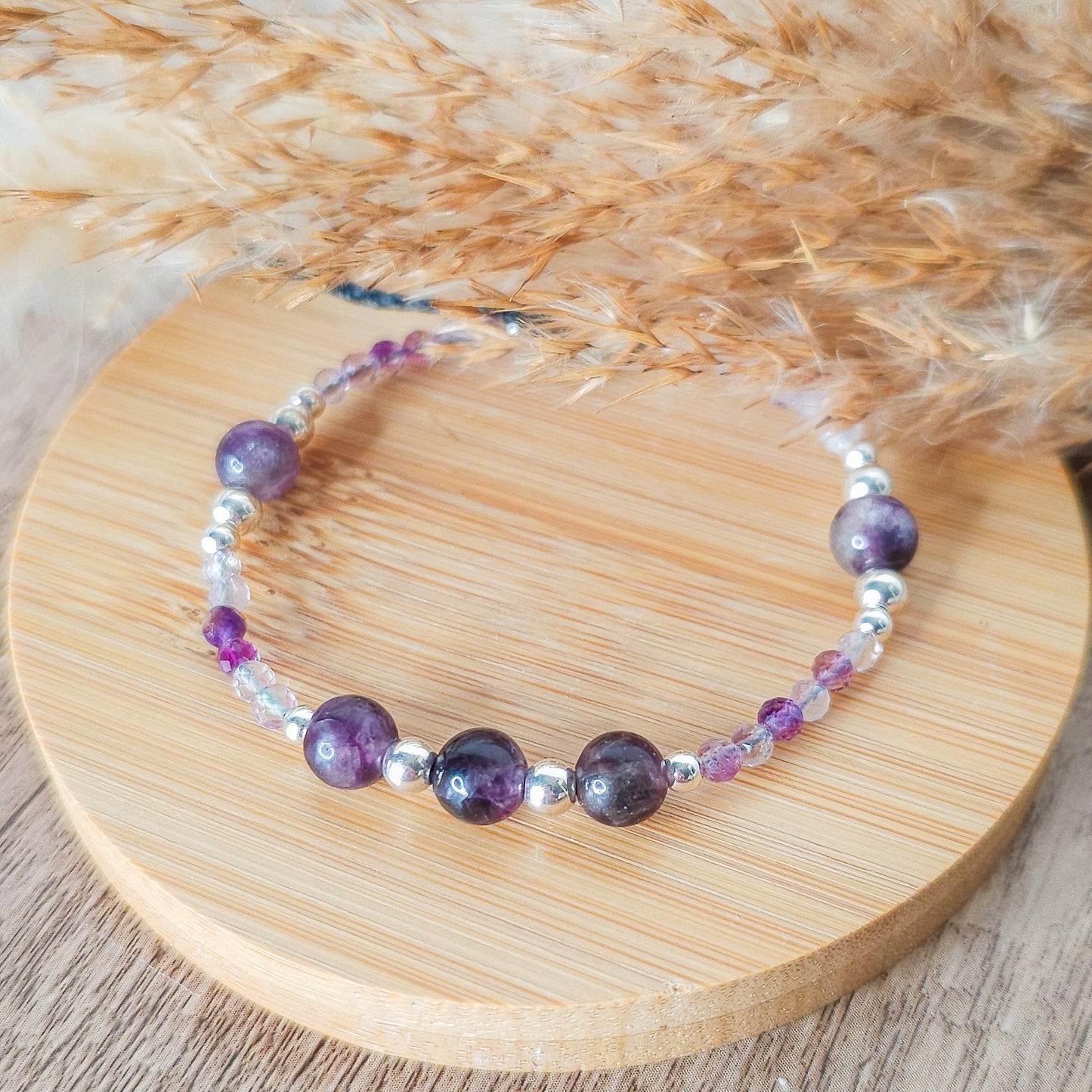 Handmade Bracelet with Purple Fluorite and 925 Silver Beads