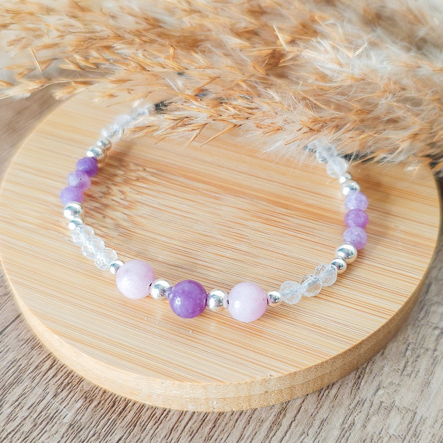 Handmade Bracelet with Lepidolite, Clear Quartz and 925 Silver Beads